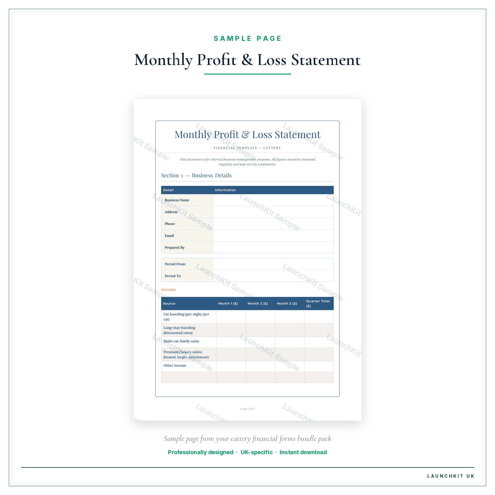 Monthly Profit & Loss Statement sample page from the Cattery Financial Forms Bundle — Premium pack — watermarked LaunchKit Sample