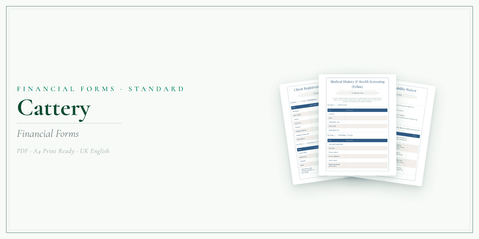 Cattery — Financial Forms Bundle — Standard, PDF with fillable header product overview