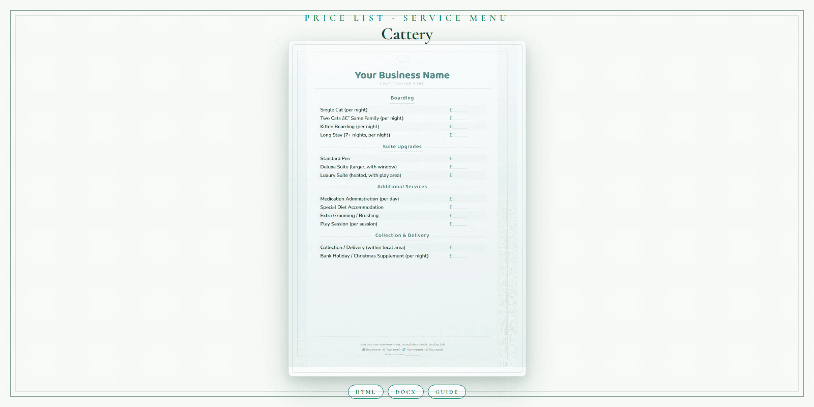 Cattery — Price List & Service Menu, PDF product overview