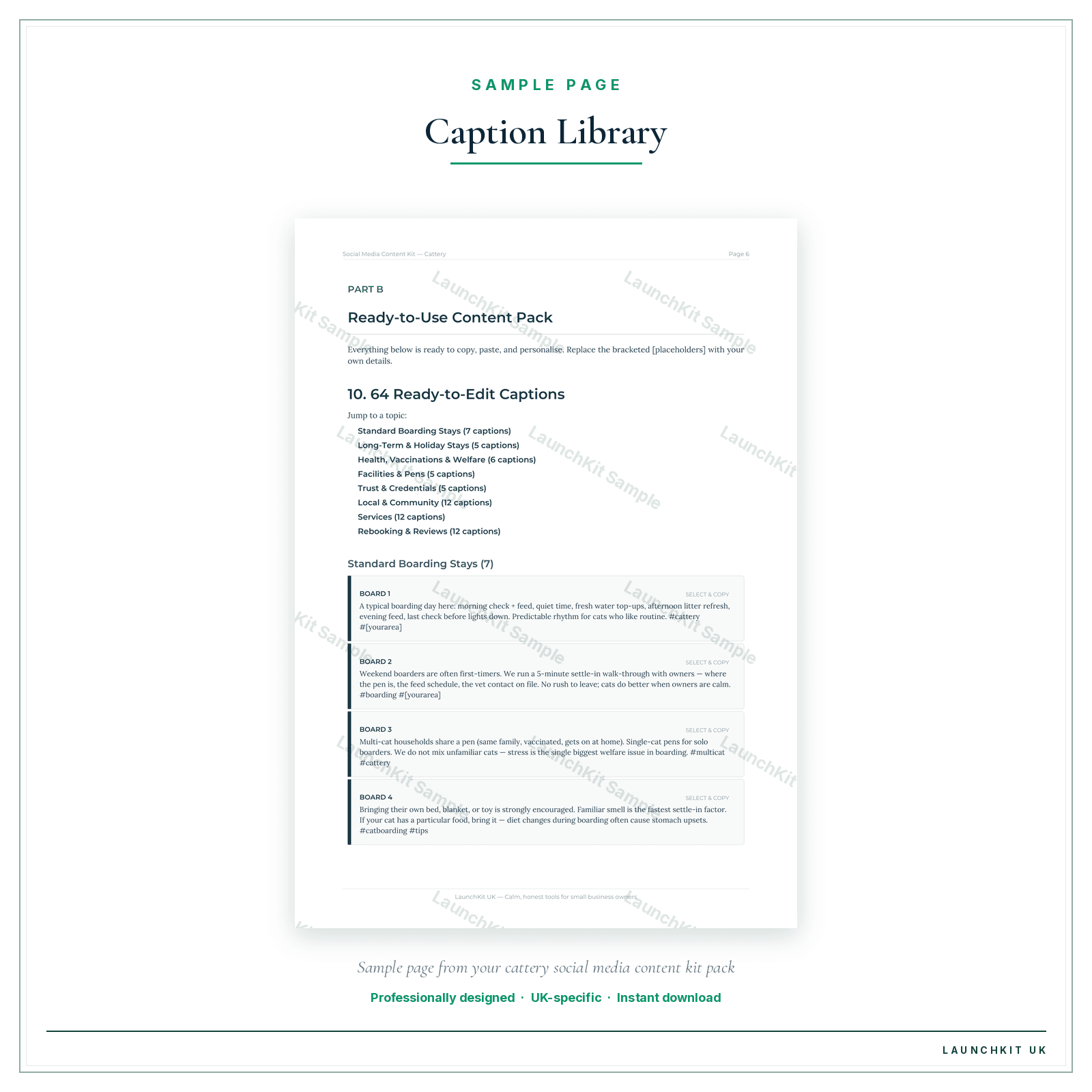 Caption Library sample page from the Cattery Social Media Content Kit pack — watermarked LaunchKit Sample