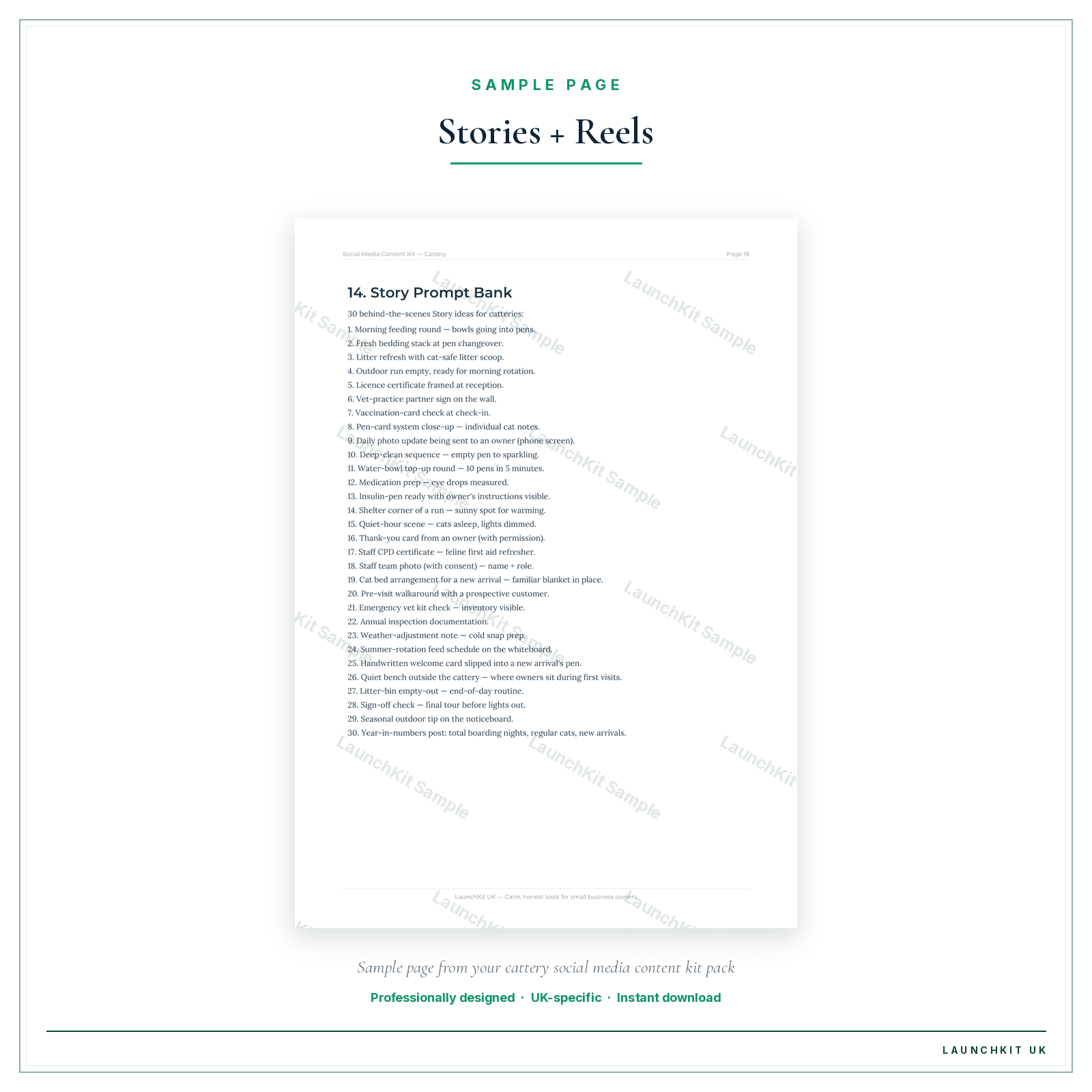 Stories + Reels sample page from the Cattery Social Media Content Kit pack — watermarked LaunchKit Sample