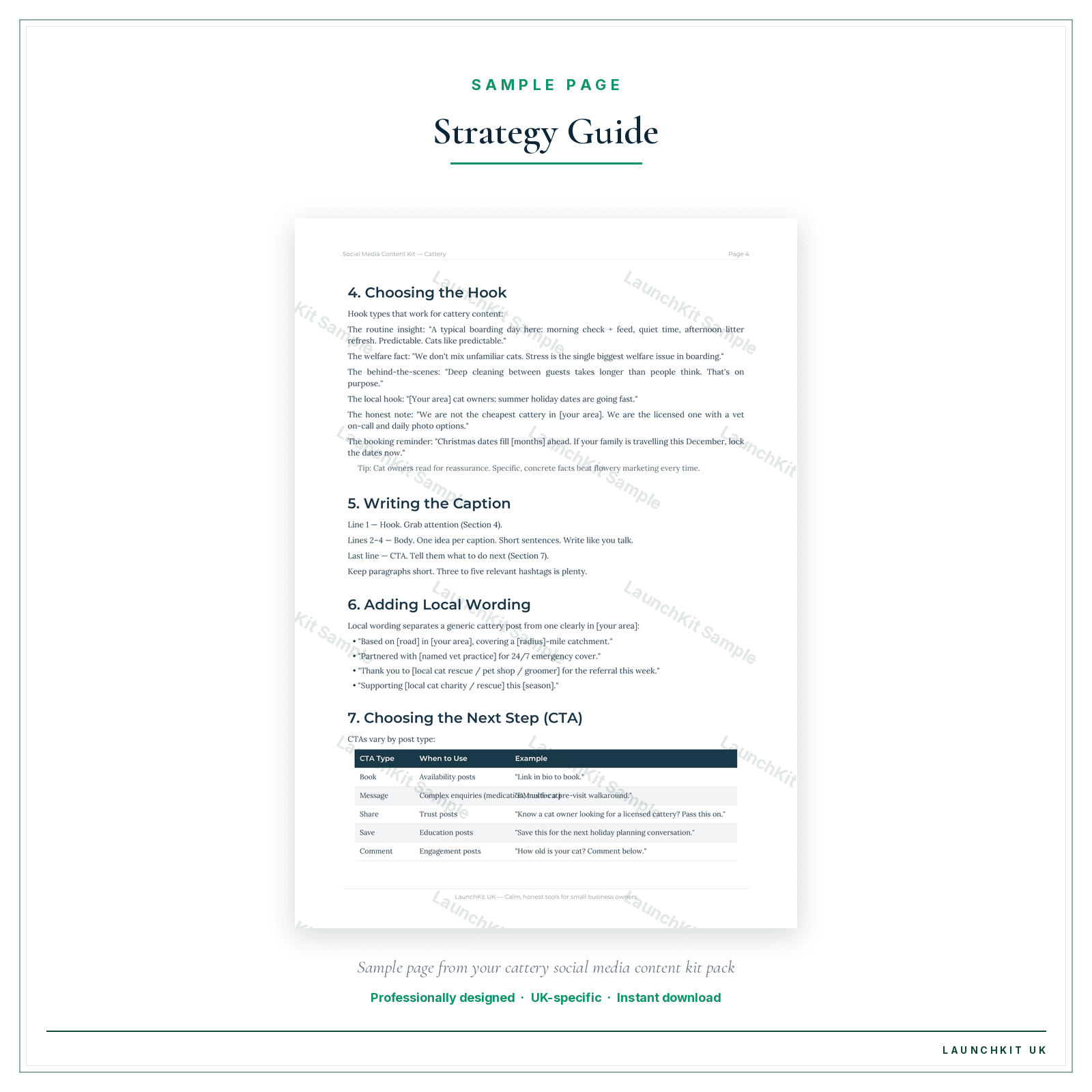 Strategy Guide sample page from the Cattery Social Media Content Kit pack — watermarked LaunchKit Sample