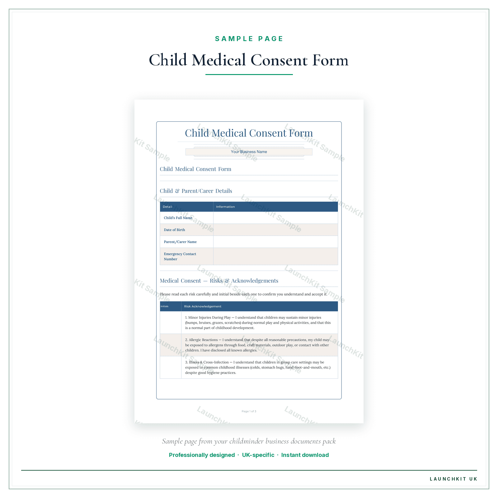 Medical Consent Form sample page from the Childminder Business Documents — Premium pack — watermarked LaunchKit Sample
