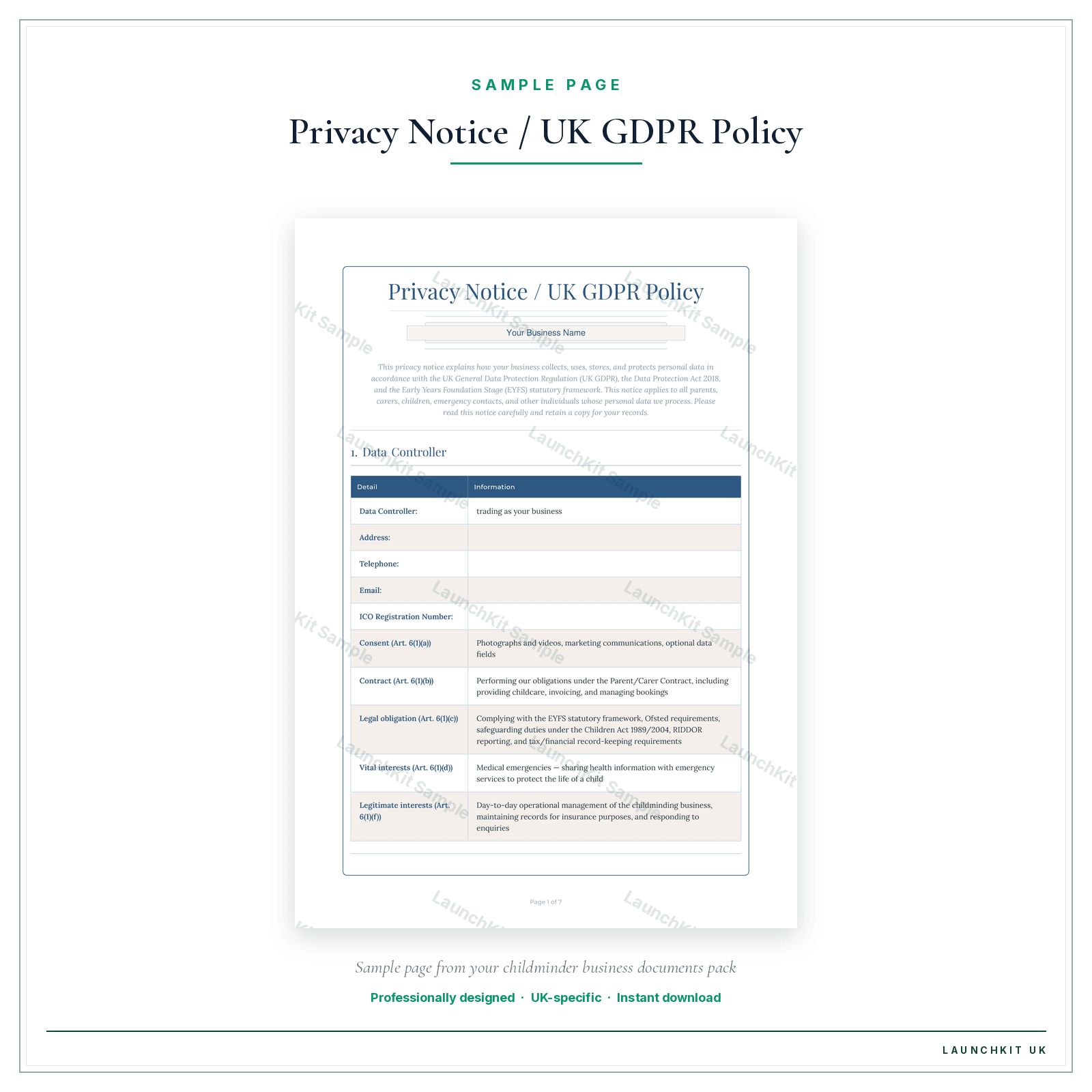 Privacy Notice / UK GDPR Policy sample page from the Childminder Business Documents — Premium pack — watermarked LaunchKit Sample