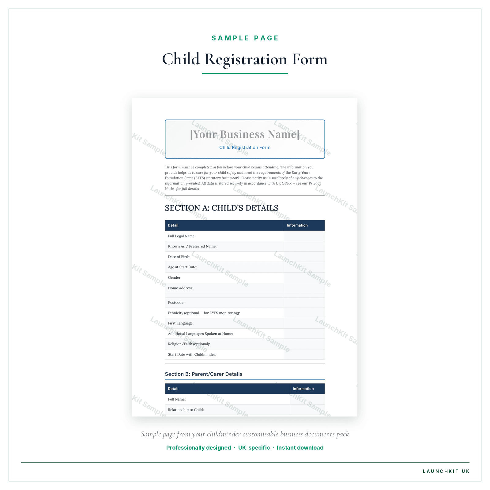 Child Registration Form sample page from the Childminder Business Documents — Customisable pack — watermarked LaunchKit Sample