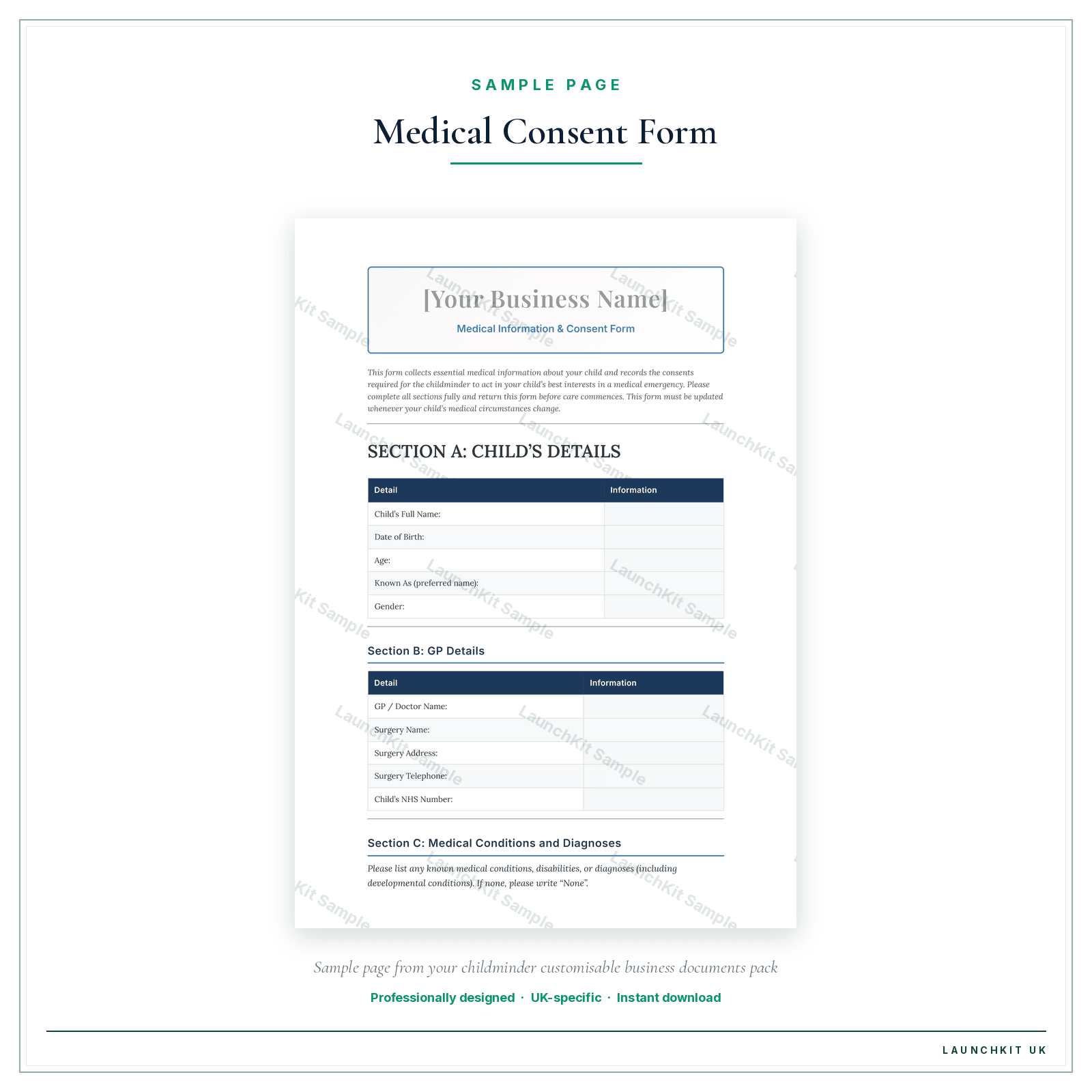 Medical Consent Form sample page from the Childminder Business Documents — Customisable pack — watermarked LaunchKit Sample