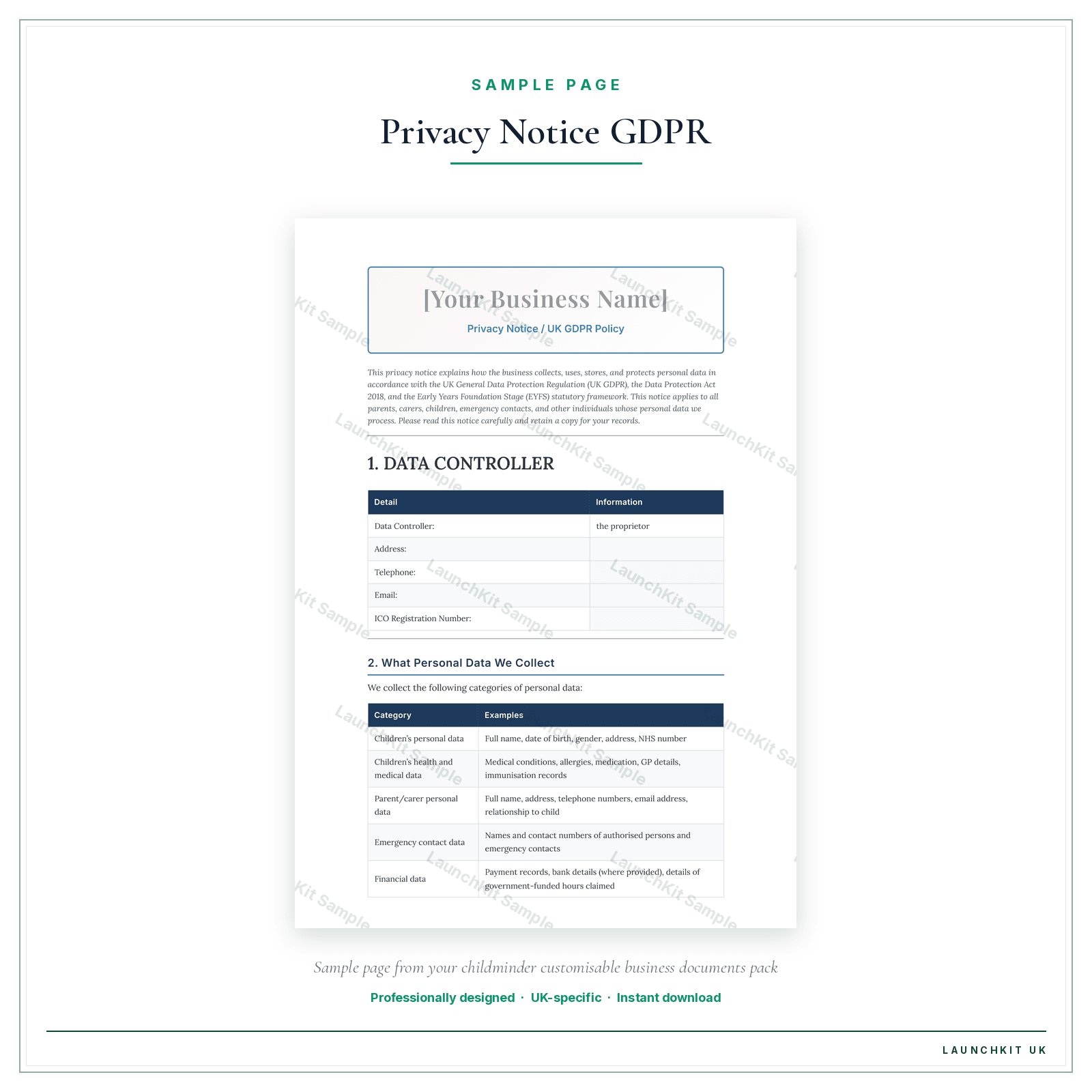 Privacy Notice / UK GDPR Policy sample page from the Childminder Business Documents — Customisable pack — watermarked LaunchKit Sample