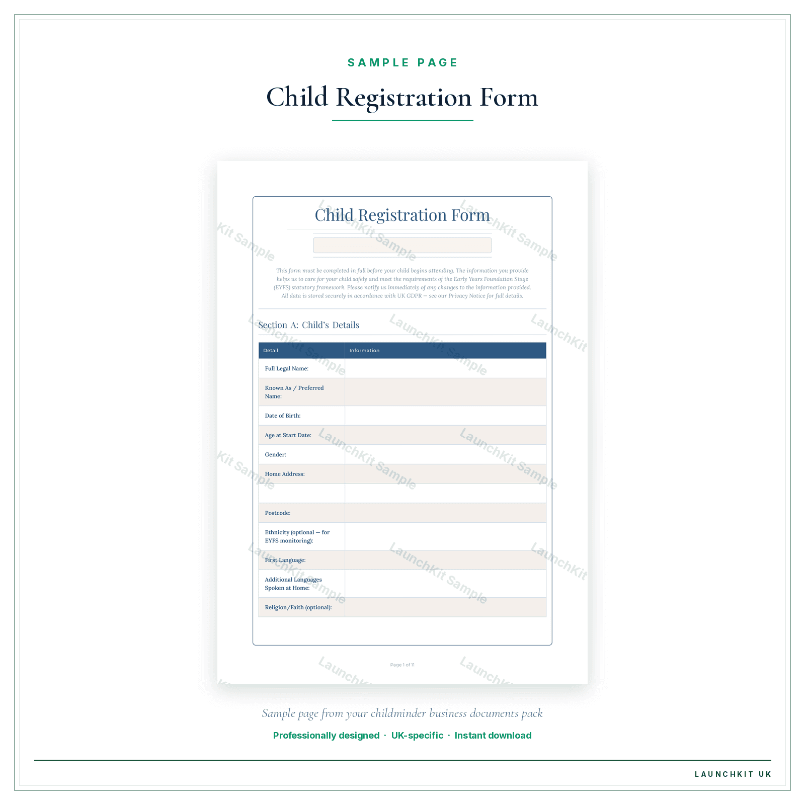 Child Registration Form sample page from the Childminder Business Documents — Essential pack — watermarked LaunchKit Sample