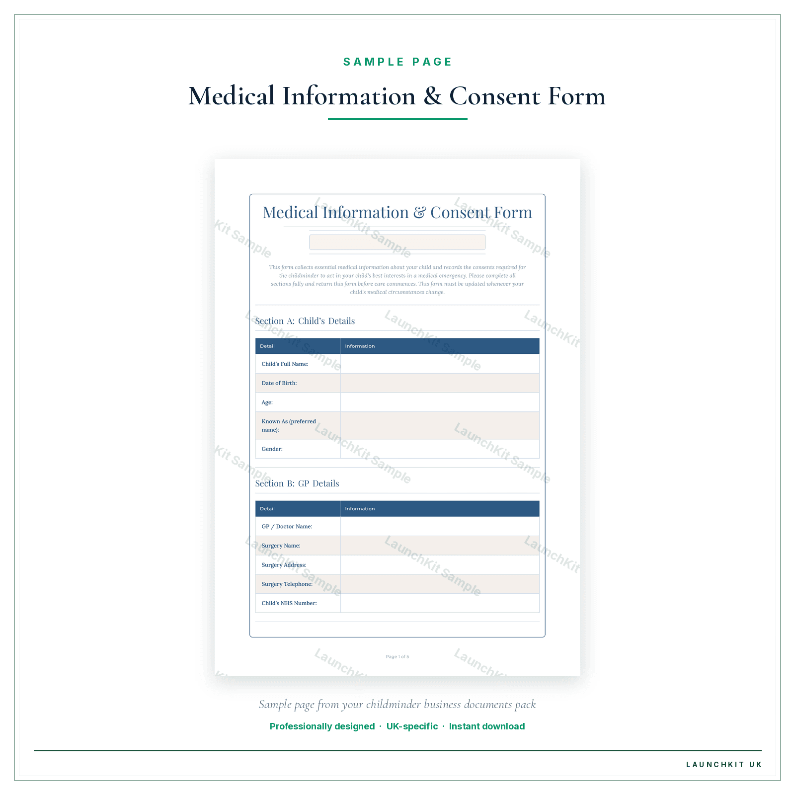 Medical Consent Form sample page from the Childminder Business Documents — Essential pack — watermarked LaunchKit Sample