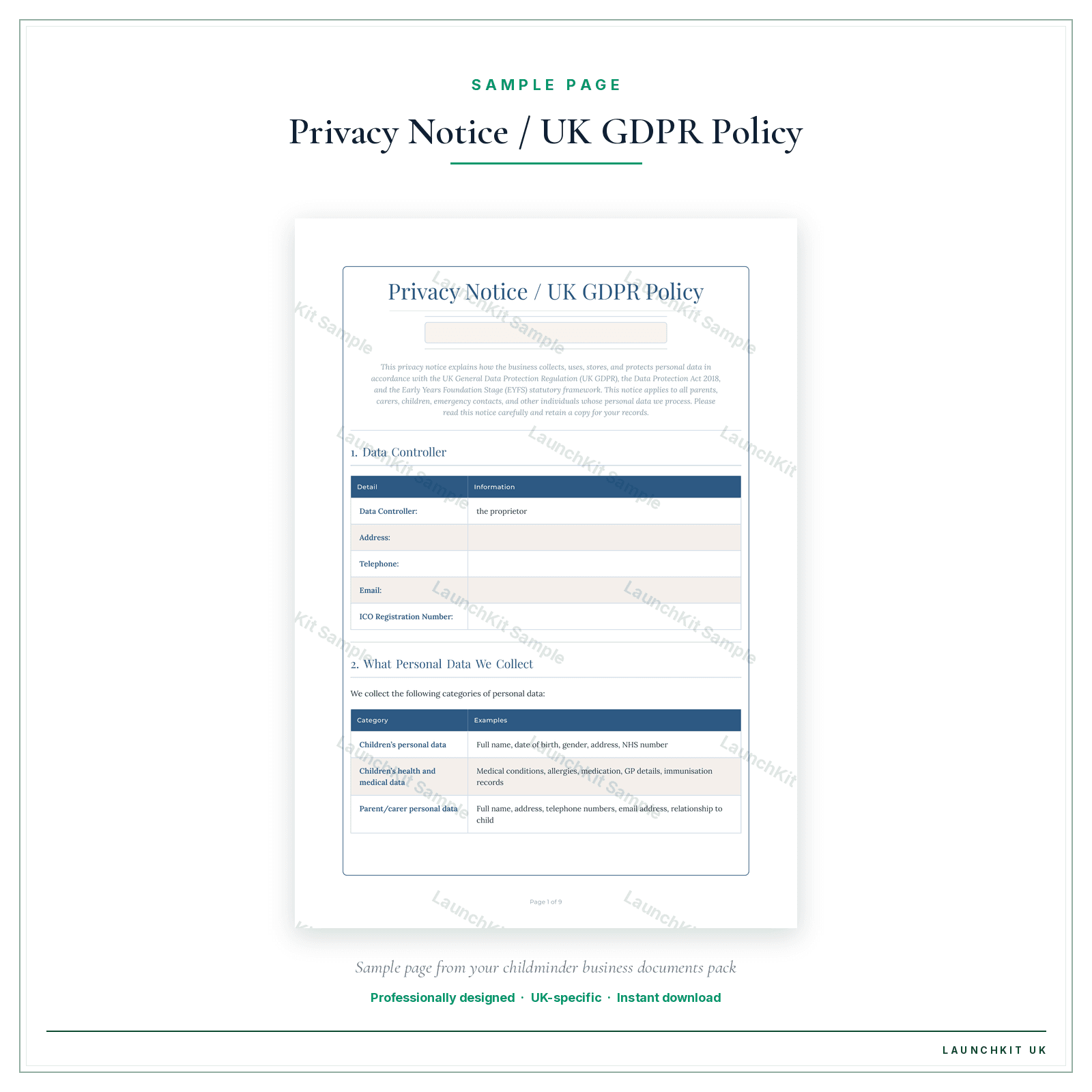Privacy Notice / UK GDPR Policy sample page from the Childminder Business Documents — Essential pack — watermarked LaunchKit Sample