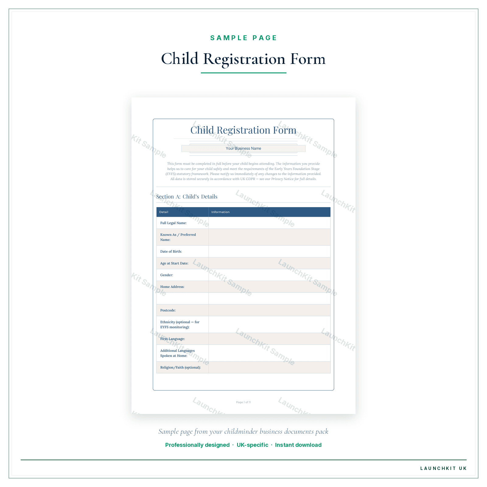 Child Registration Form sample page from the Childminder Business Documents — Standard pack — watermarked LaunchKit Sample
