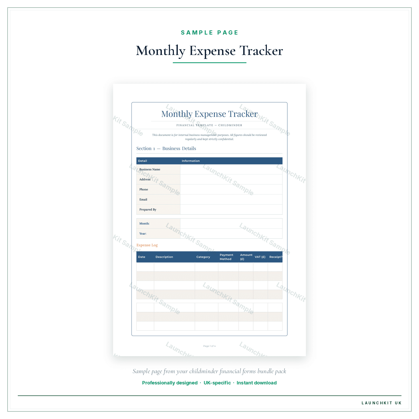 Monthly Expense Tracker sample page from the Childminder Financial Forms Bundle — Premium pack — watermarked LaunchKit Sample