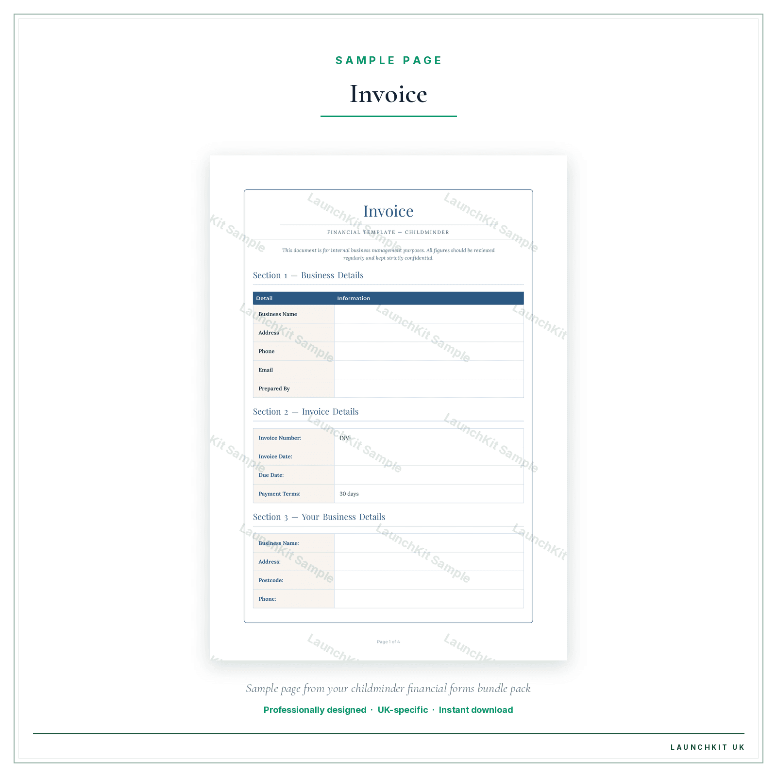 Invoice sample page from the Childminder Financial Forms Bundle — Premium pack — watermarked LaunchKit Sample