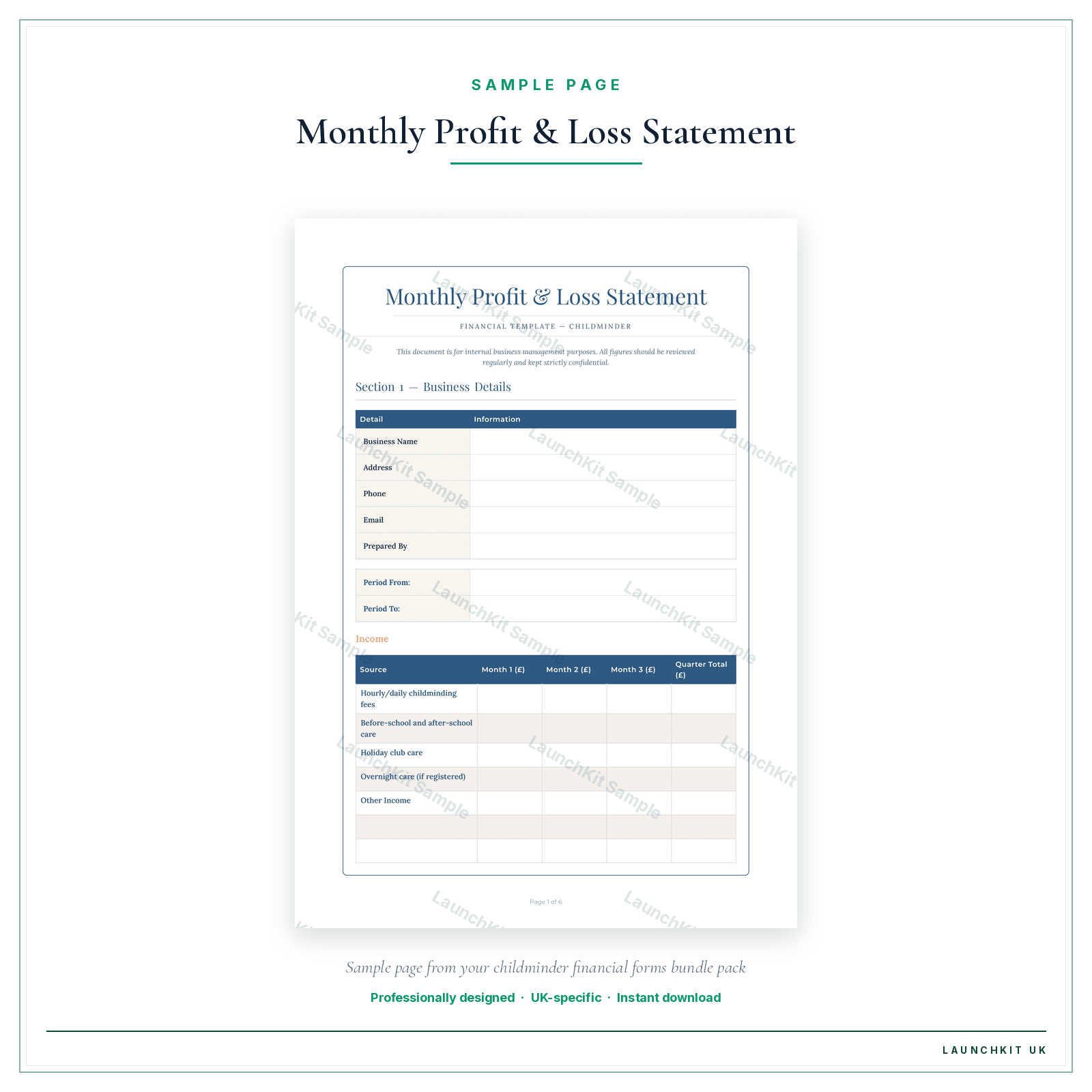 Monthly Profit & Loss Statement sample page from the Childminder Financial Forms Bundle — Premium pack — watermarked LaunchKit Sample