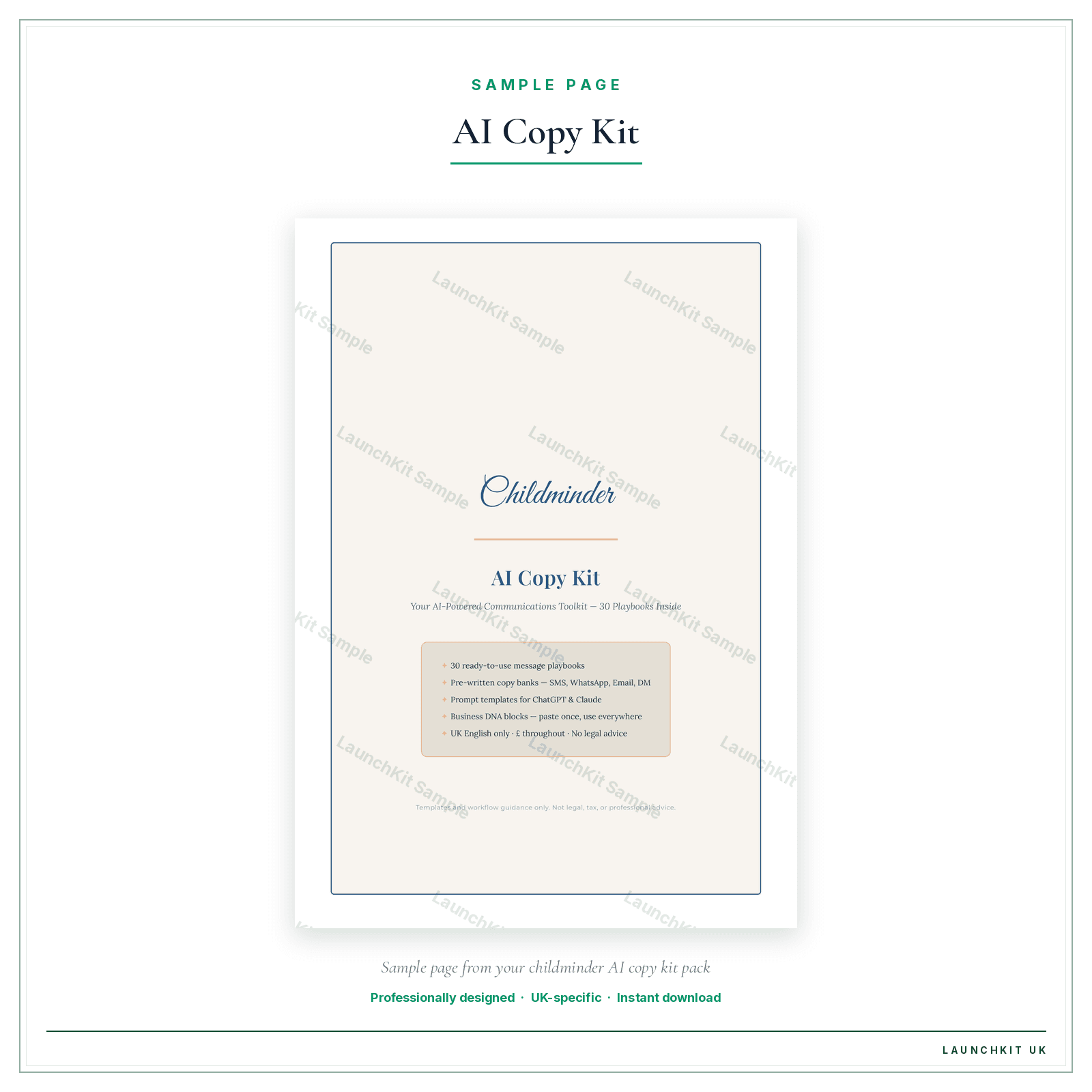 AI Copy Kit sample page from the Childminder AI Copy Kit pack — watermarked LaunchKit Sample