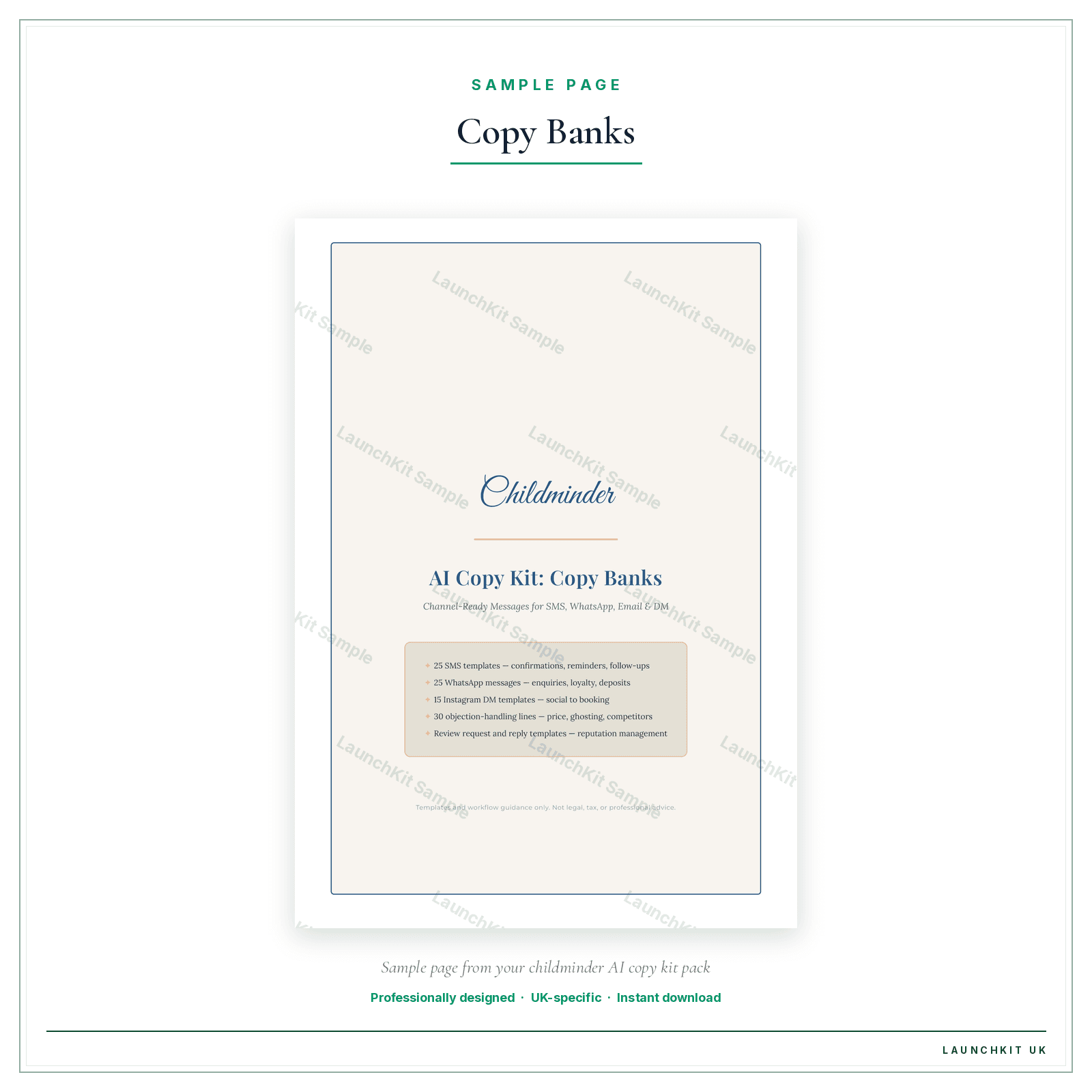 Copy Banks sample page from the Childminder AI Copy Kit pack — watermarked LaunchKit Sample