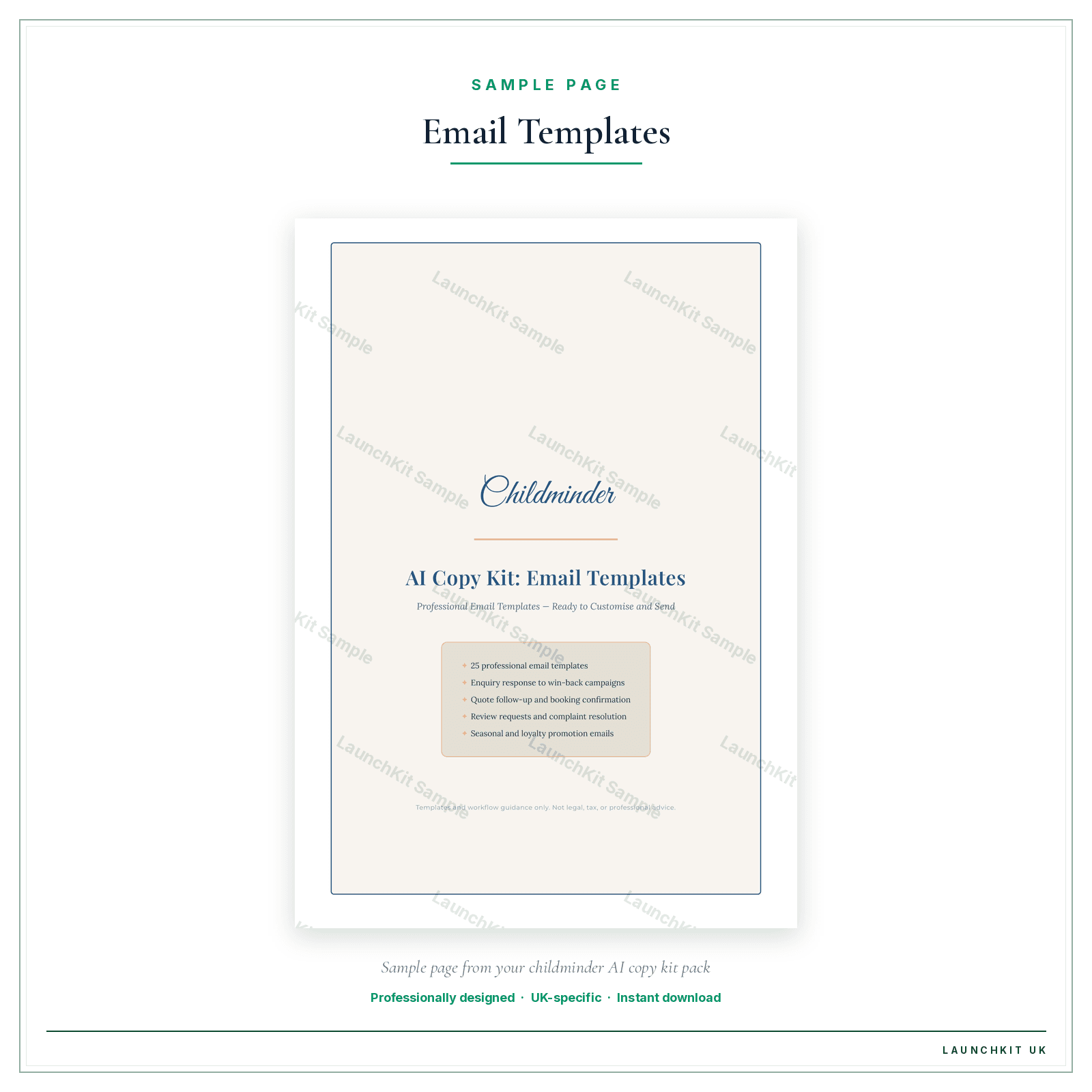 Email Templates sample page from the Childminder AI Copy Kit pack — watermarked LaunchKit Sample