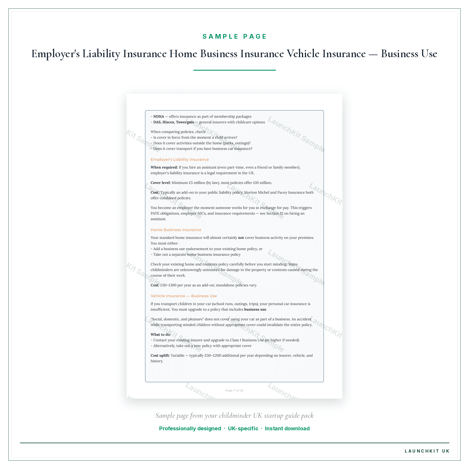 Employer's Liability Insurance Home Business Insurance Vehicle Insurance — Business Use sample page from the Childminder Startup Guide pack — watermarked LaunchKit Sample
