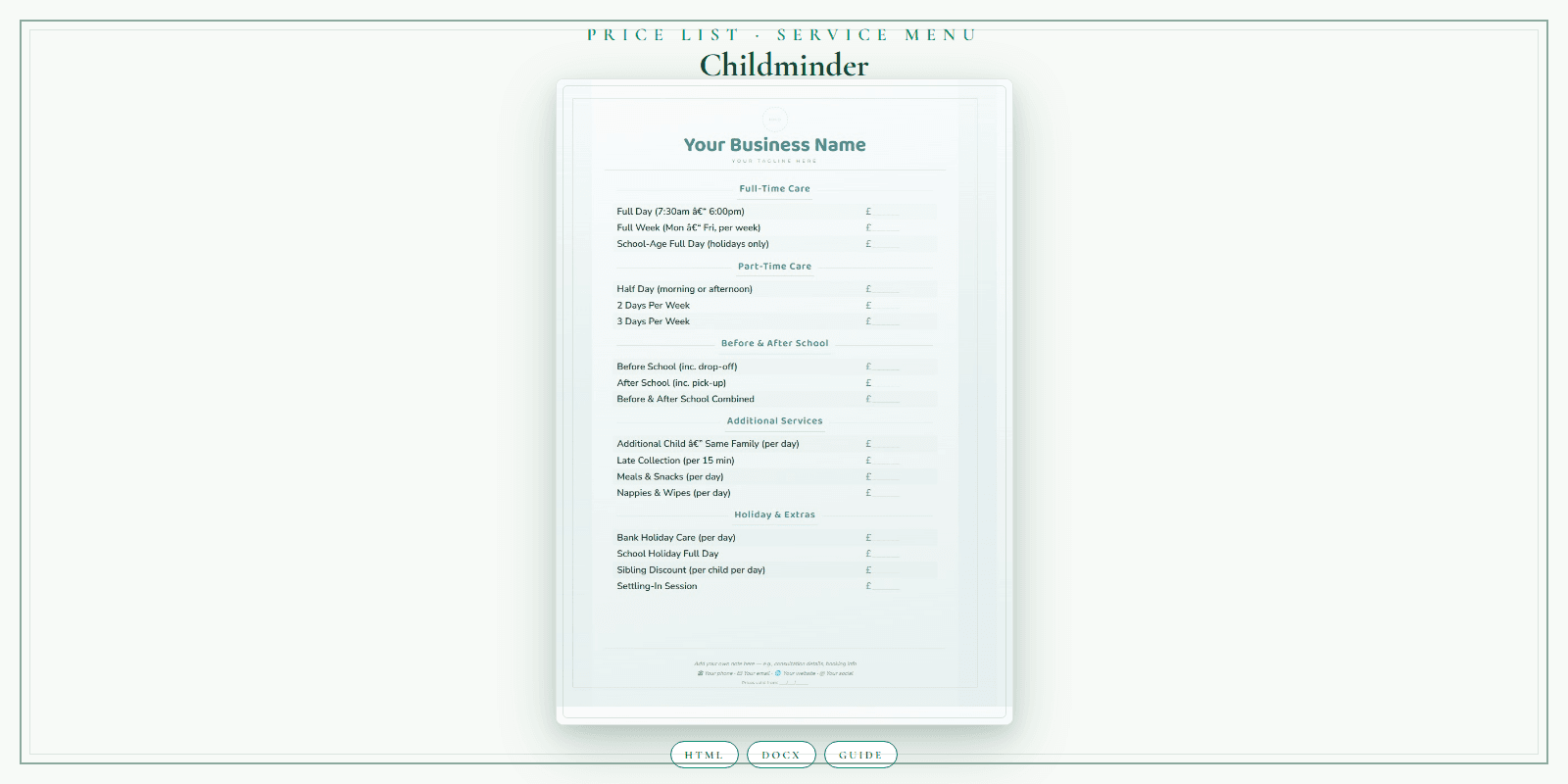 Childminder — Price List & Service Menu, PDF product overview