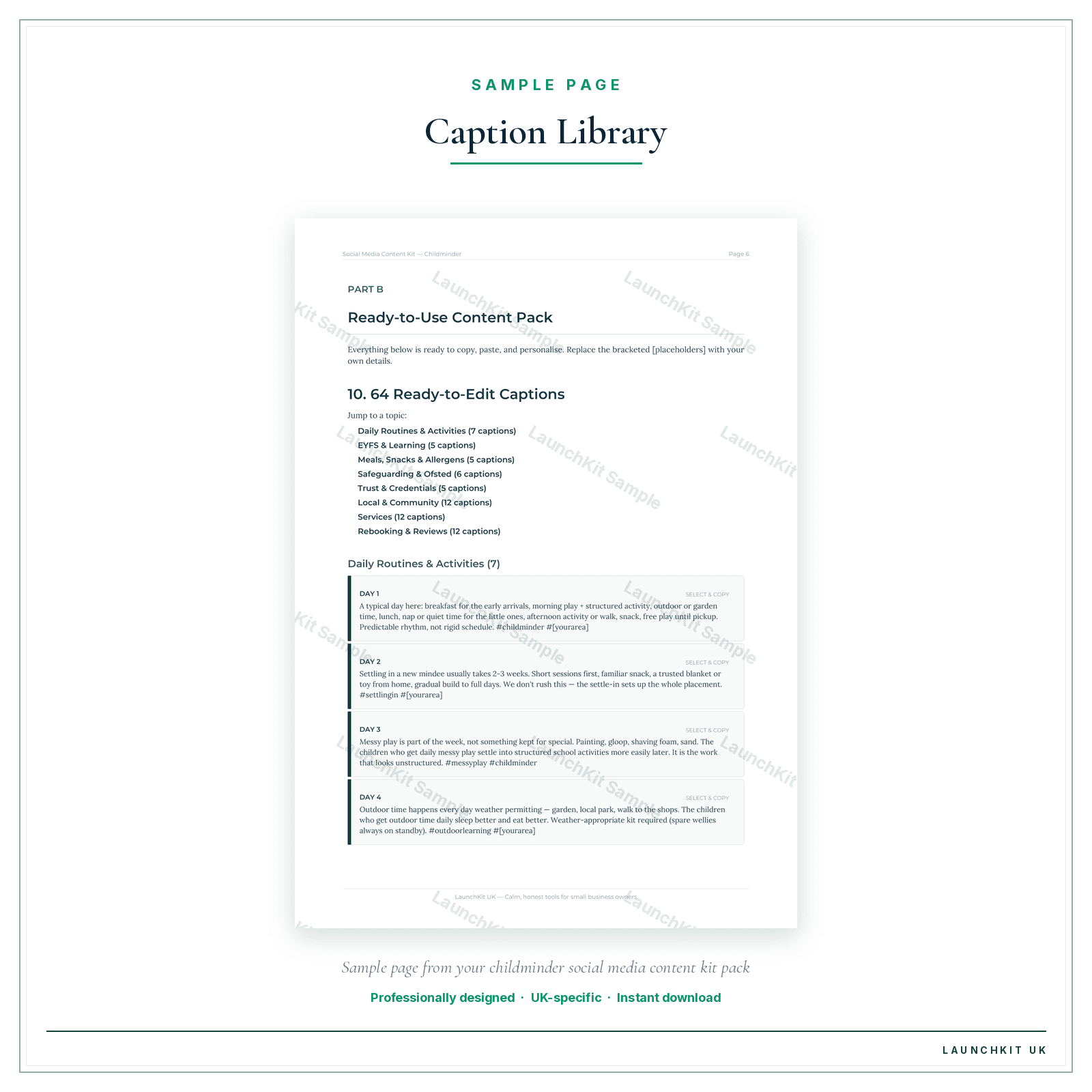 Caption Library sample page from the Childminder Social Media Content Kit pack — watermarked LaunchKit Sample