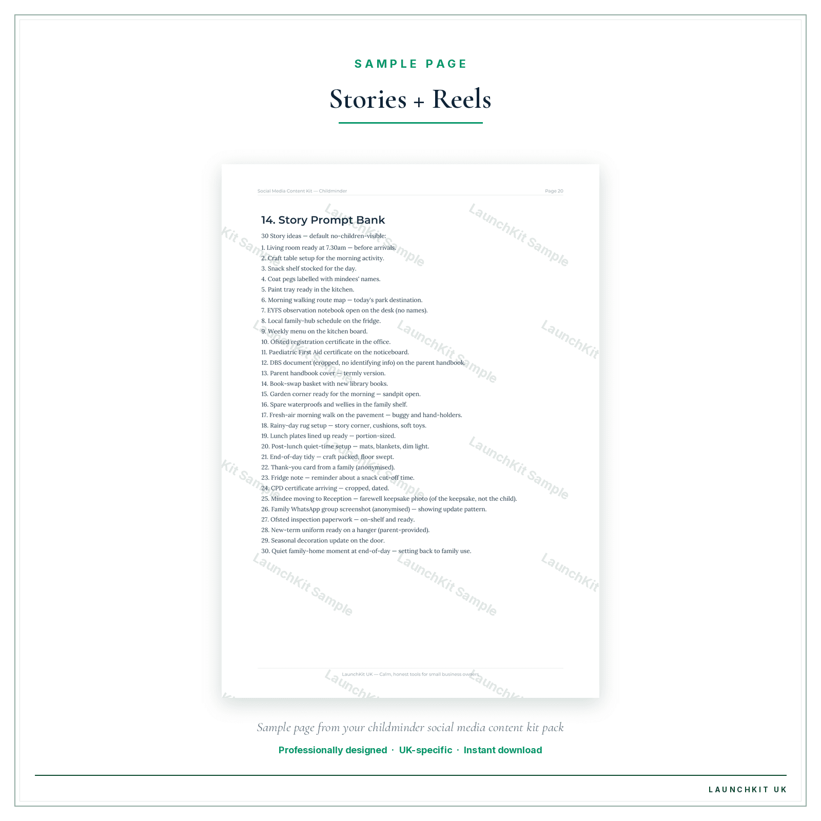Stories + Reels sample page from the Childminder Social Media Content Kit pack — watermarked LaunchKit Sample