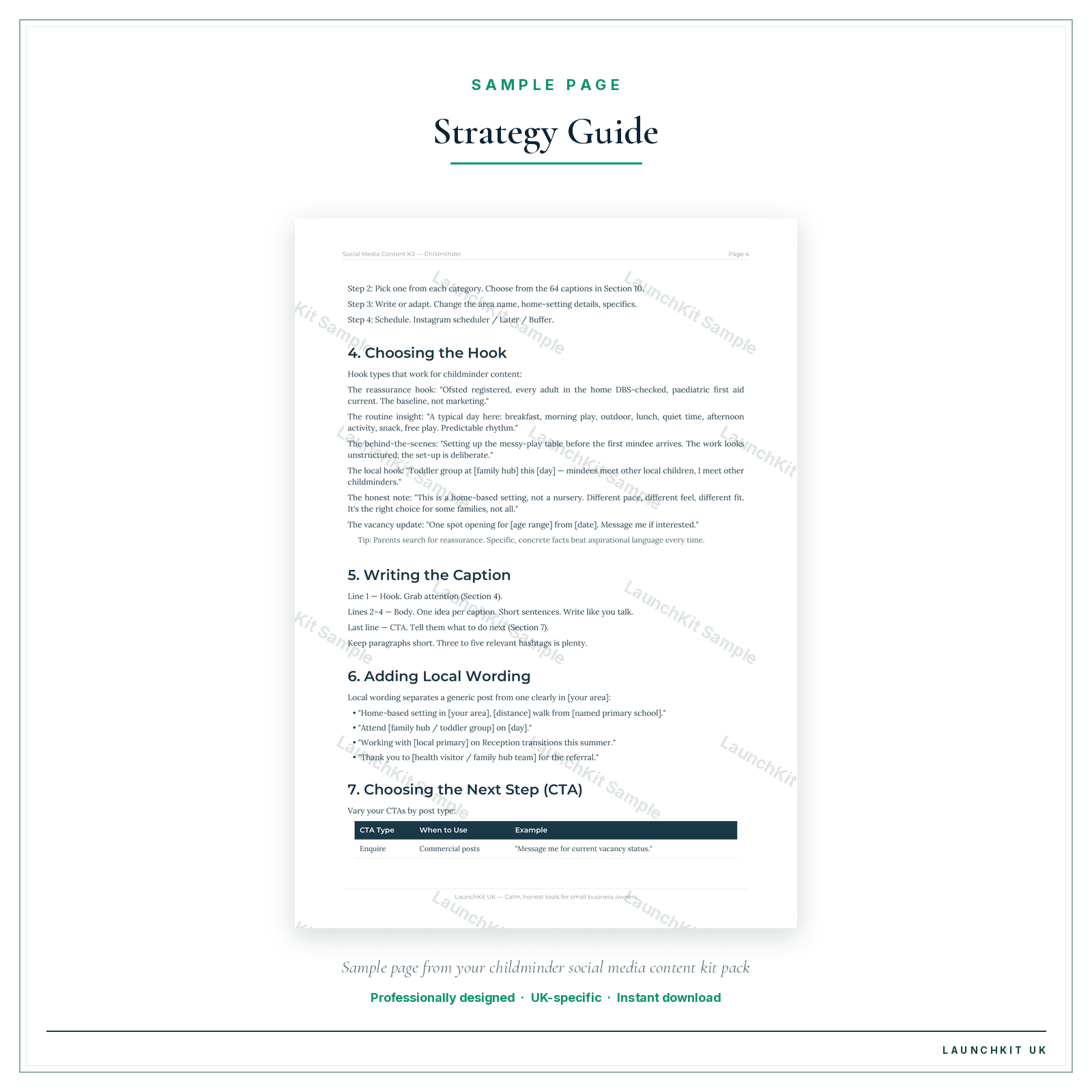 Strategy Guide sample page from the Childminder Social Media Content Kit pack — watermarked LaunchKit Sample
