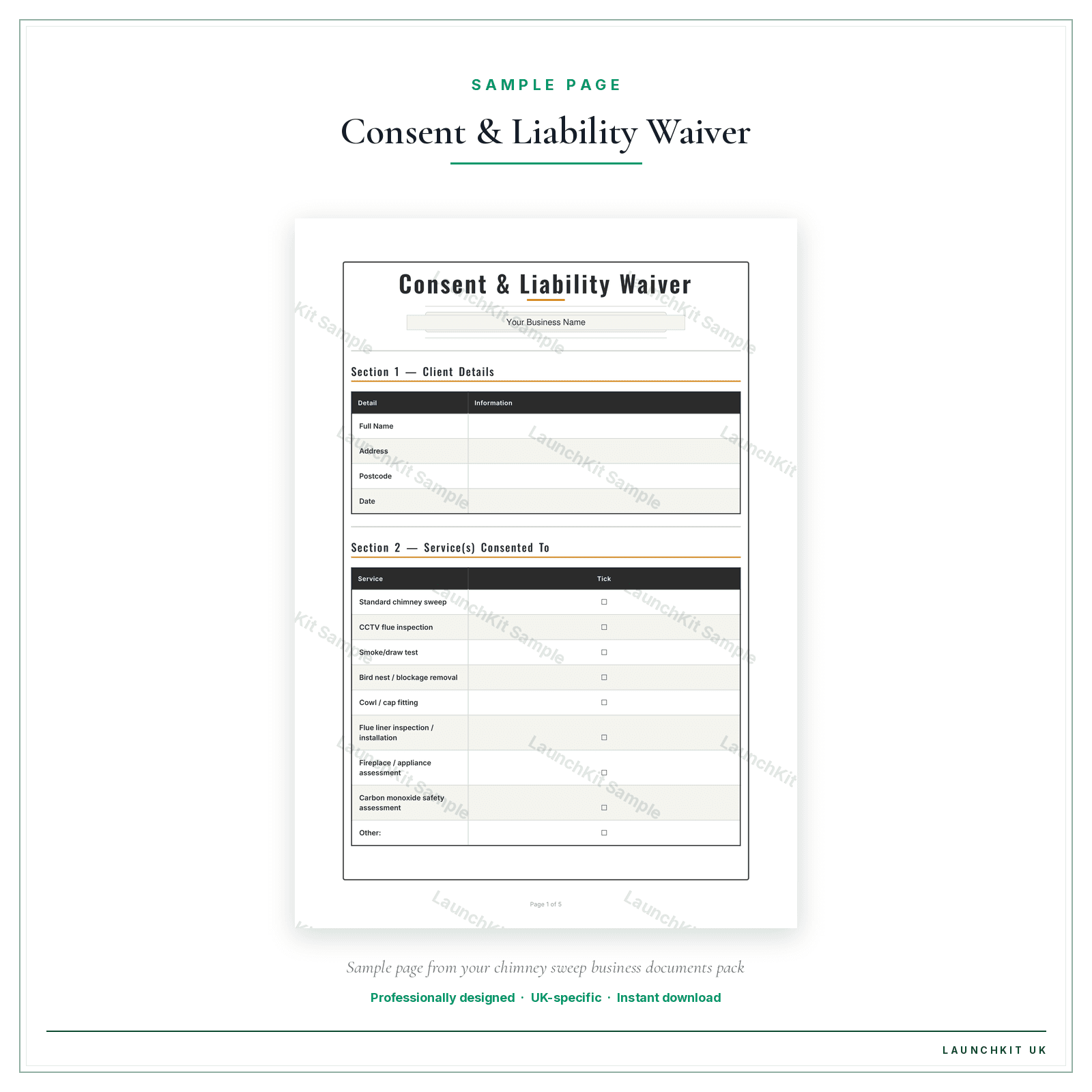 Consent & Liability Waiver sample page from the Chimney Sweep Business Documents — Premium pack — watermarked LaunchKit Sample