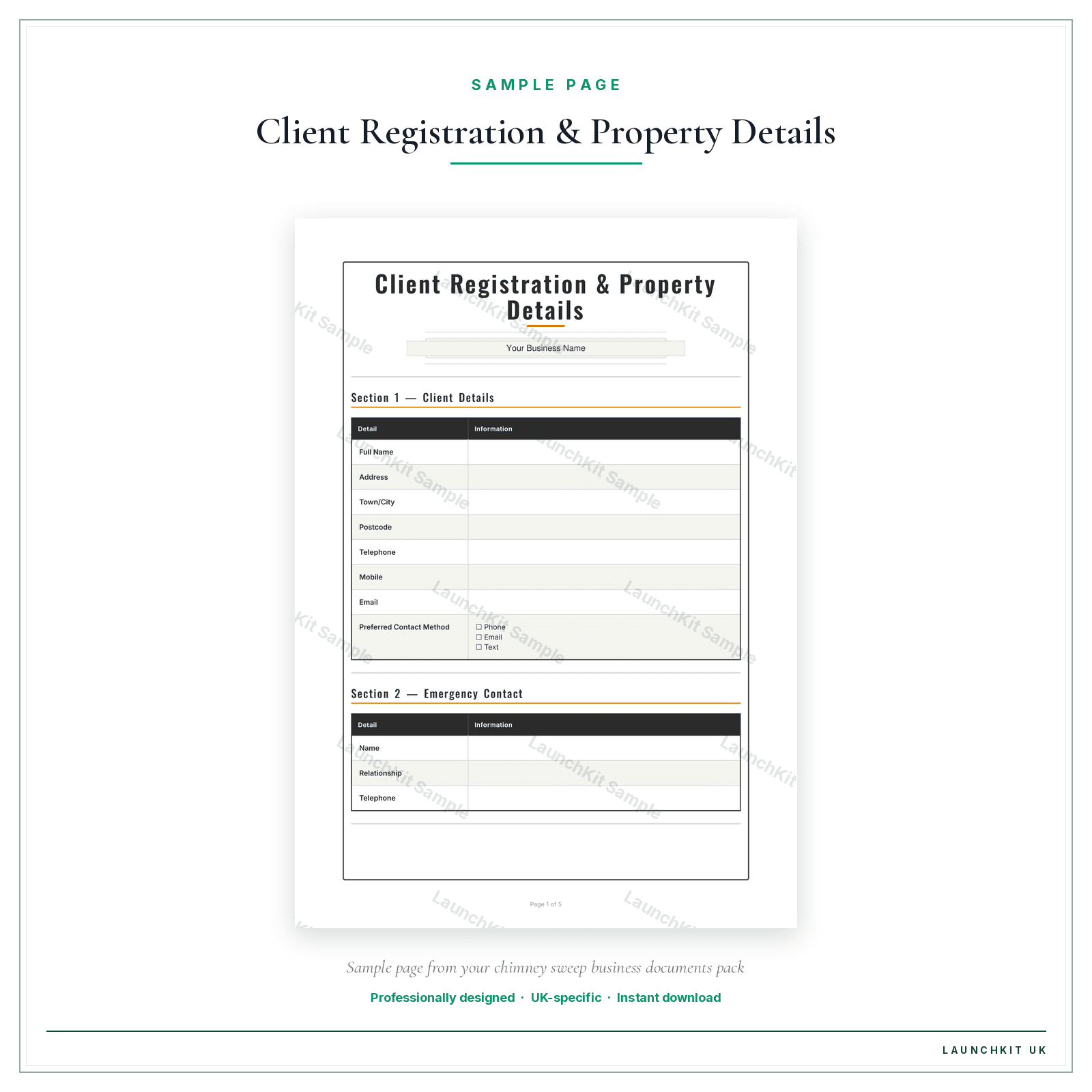 Client Registration & Property Details sample page from the Chimney Sweep Business Documents — Standard pack — watermarked LaunchKit Sample