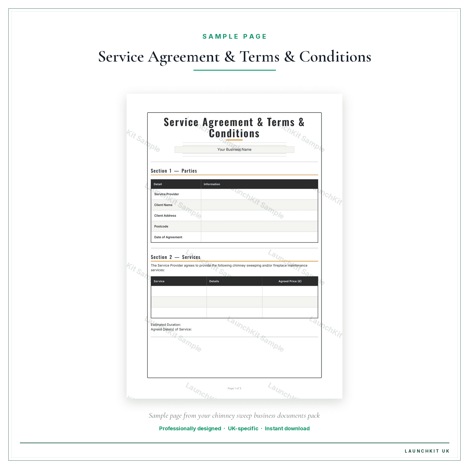 Service Agreement & Terms & Conditions sample page from the Chimney Sweep Business Documents — Standard pack — watermarked LaunchKit Sample