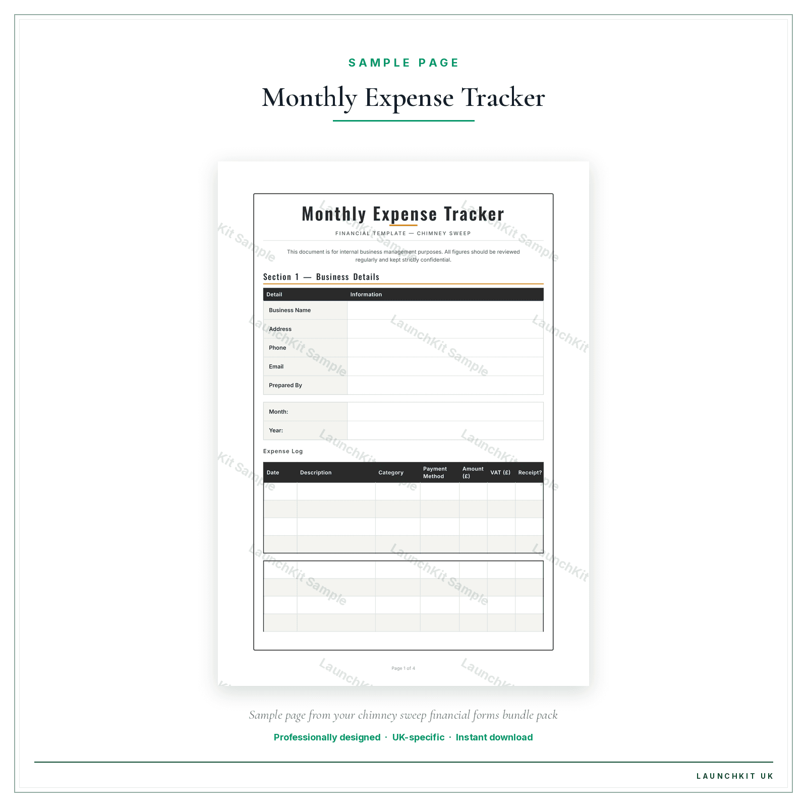 Monthly Expense Tracker sample page from the Chimney Sweep Financial Forms Bundle — Premium pack — watermarked LaunchKit Sample