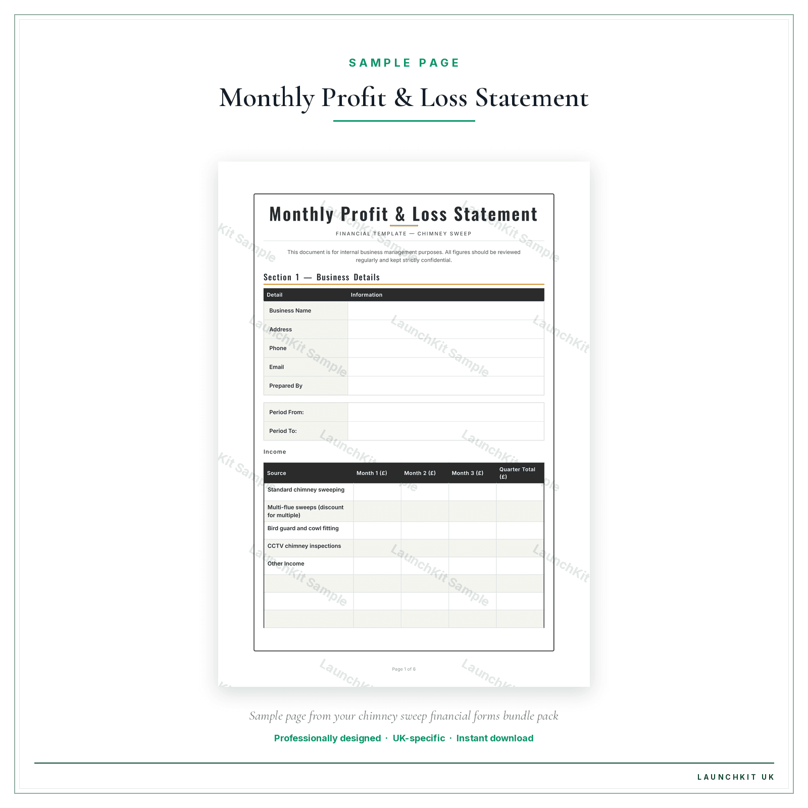Monthly Profit & Loss Statement sample page from the Chimney Sweep Financial Forms Bundle — Premium pack — watermarked LaunchKit Sample