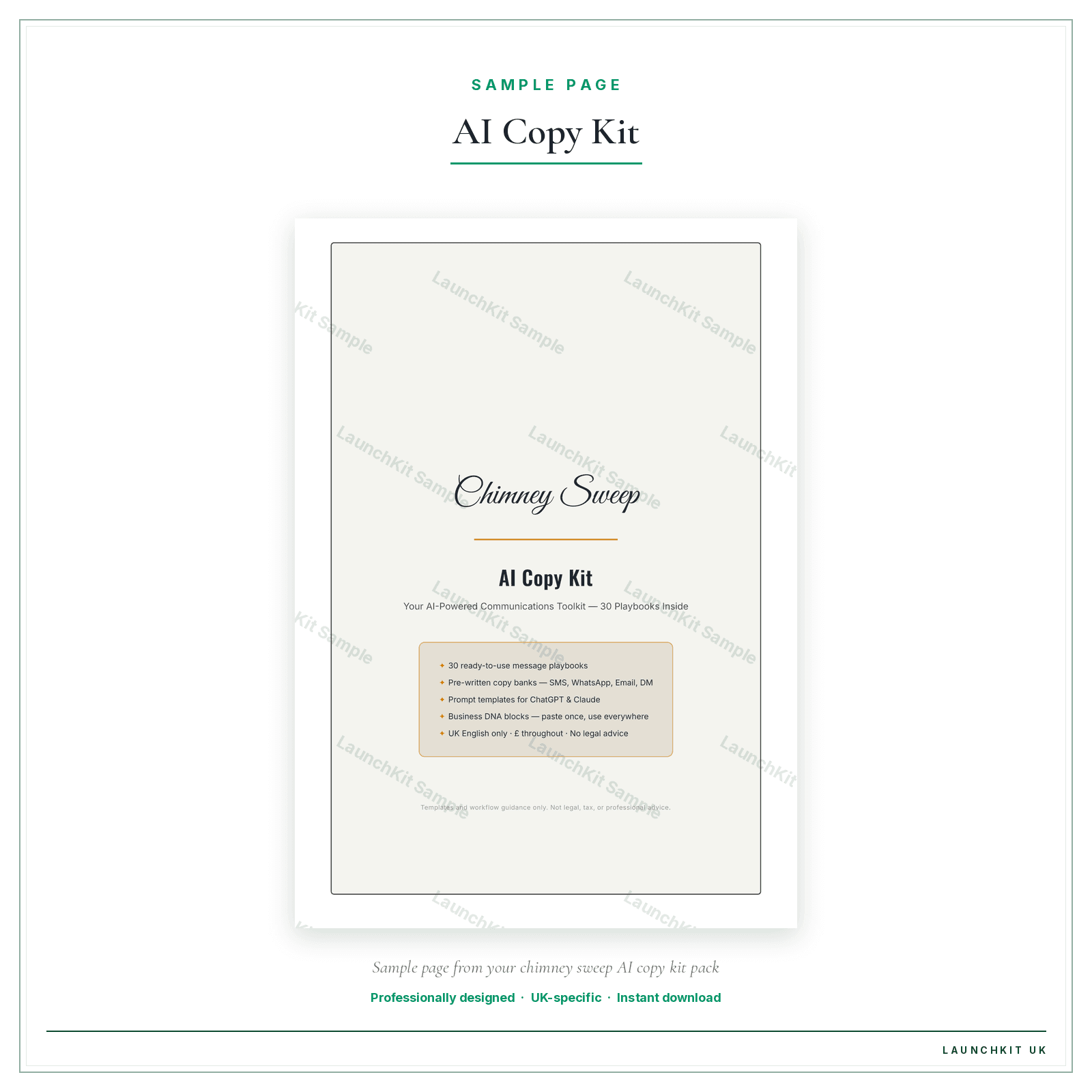 AI Copy Kit sample page from the Chimney Sweep AI Copy Kit pack — watermarked LaunchKit Sample