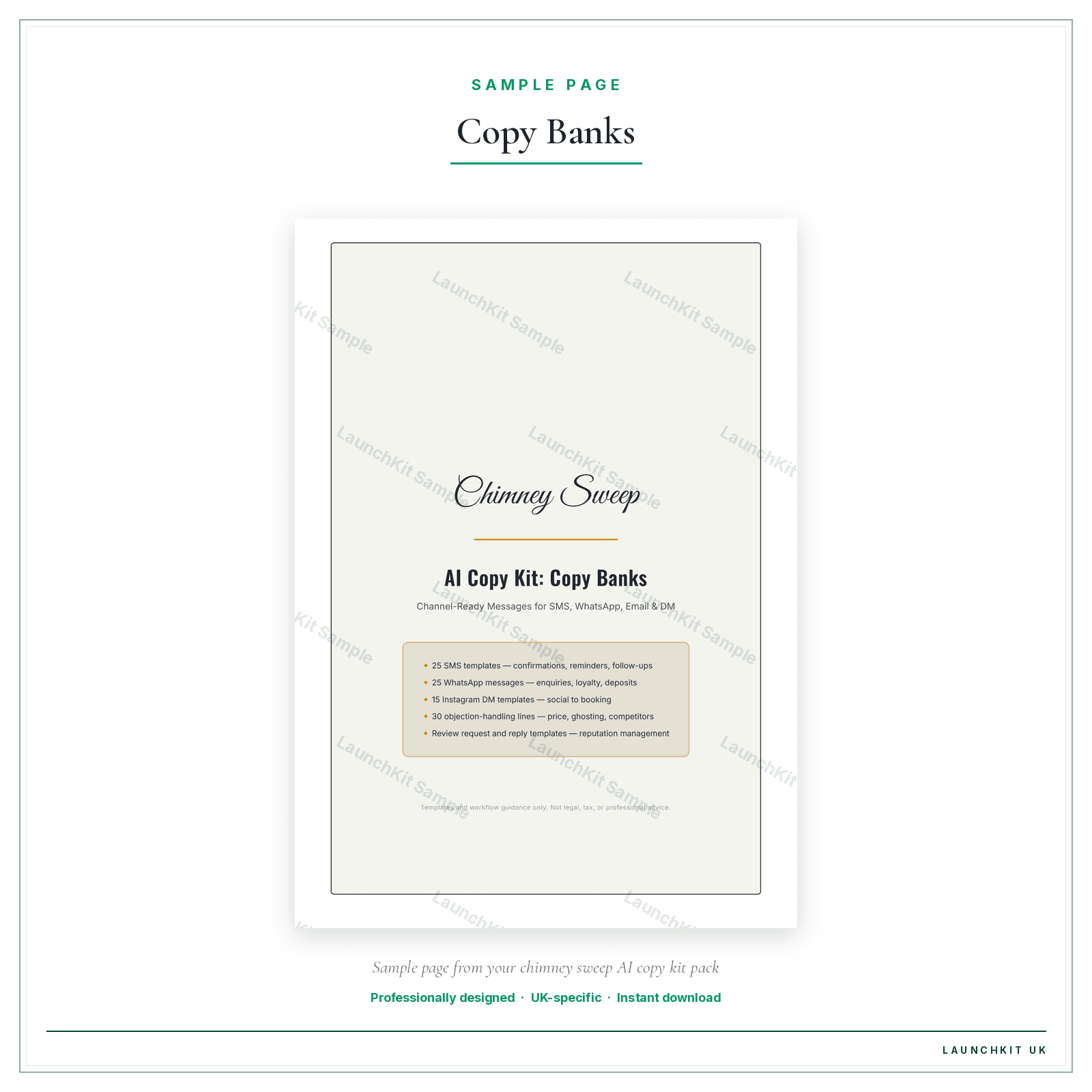 Copy Banks sample page from the Chimney Sweep AI Copy Kit pack — watermarked LaunchKit Sample