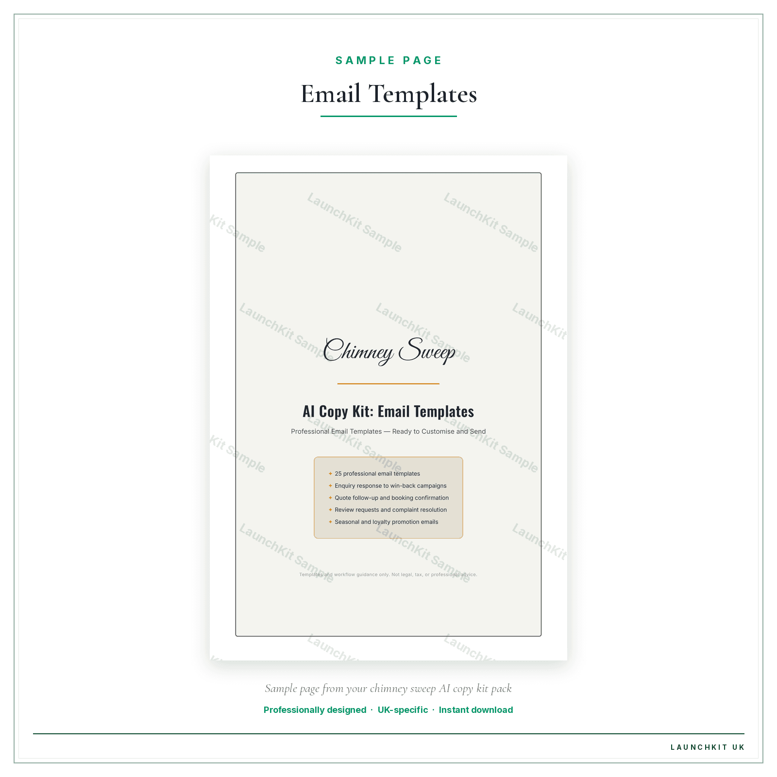 Email Templates sample page from the Chimney Sweep AI Copy Kit pack — watermarked LaunchKit Sample