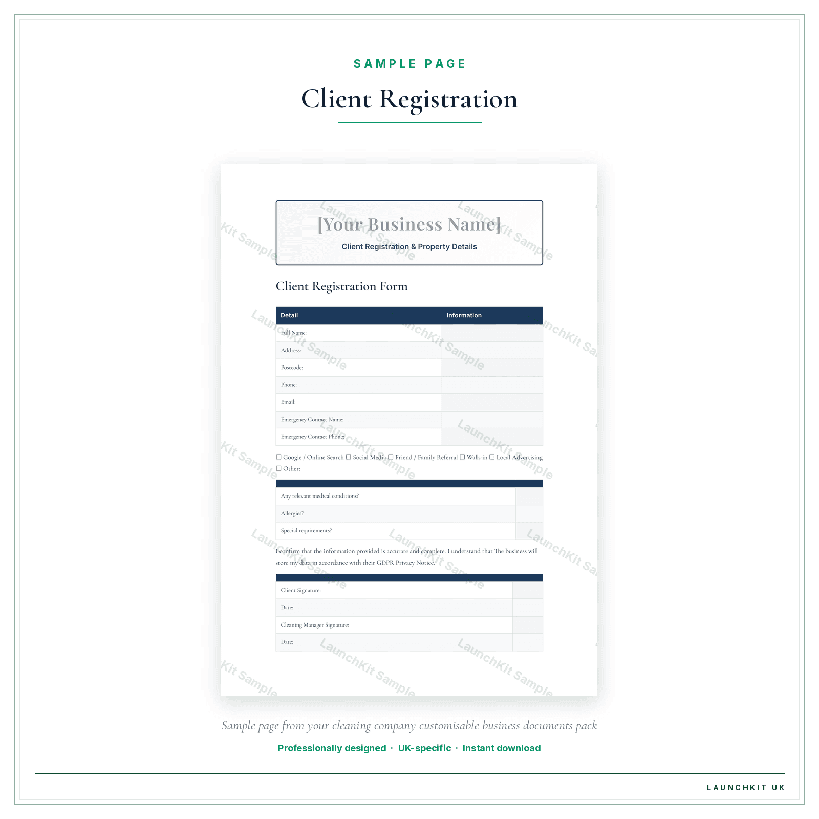 Client Registration & Property Details sample page from the Cleaning Company Business Documents — Customisable pack — watermarked LaunchKit Sample