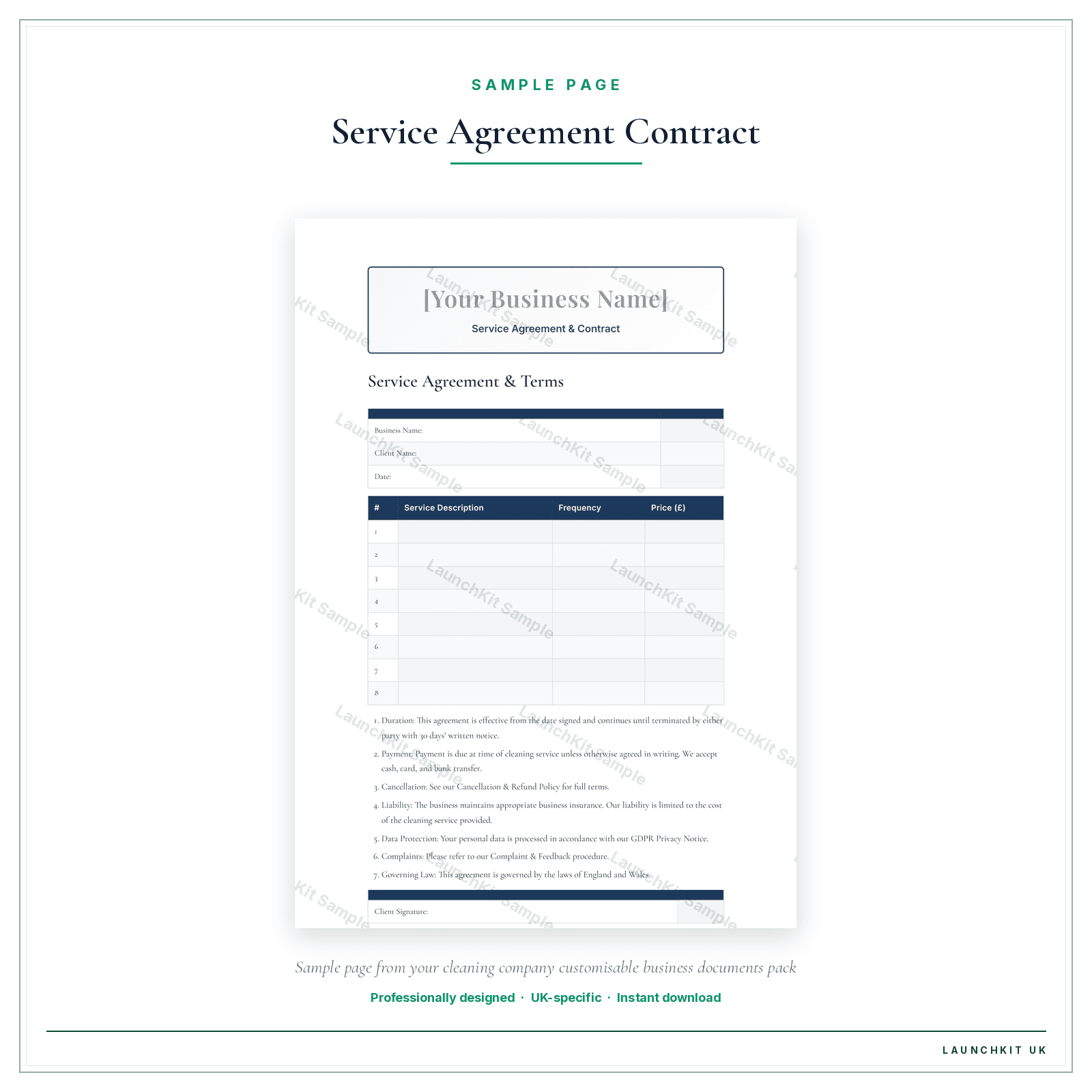 Service Agreement & Contract sample page from the Cleaning Company Business Documents — Customisable pack — watermarked LaunchKit Sample