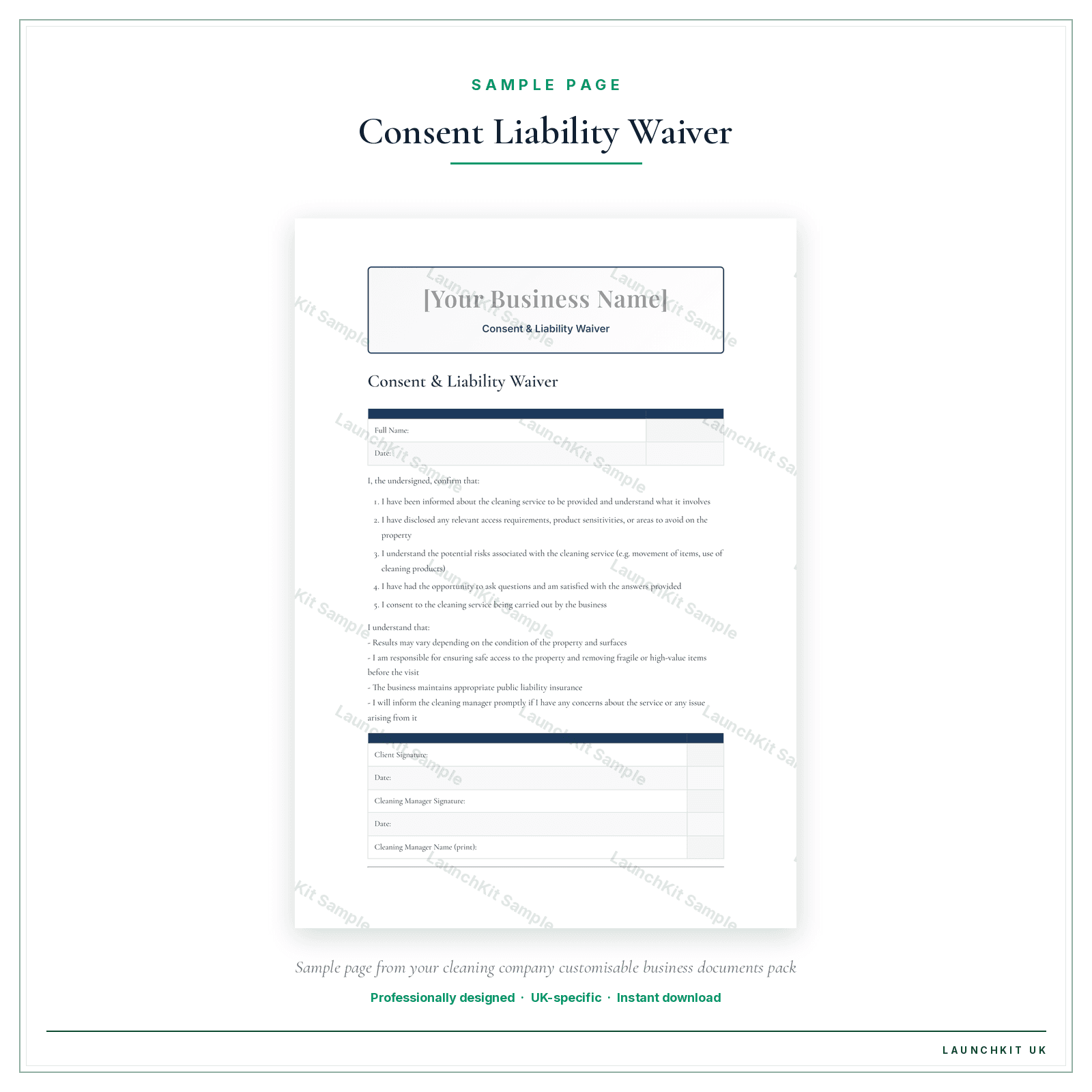 Consent & Liability Waiver sample page from the Cleaning Company Business Documents — Customisable pack — watermarked LaunchKit Sample