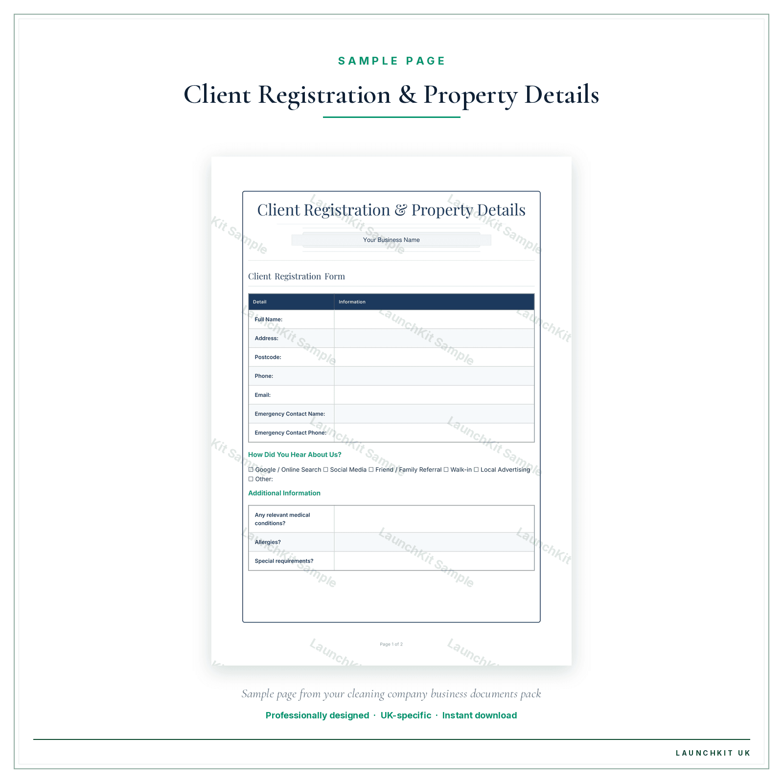 Client Registration & Property Details sample page from the Cleaning Company Business Documents — Standard pack — watermarked LaunchKit Sample