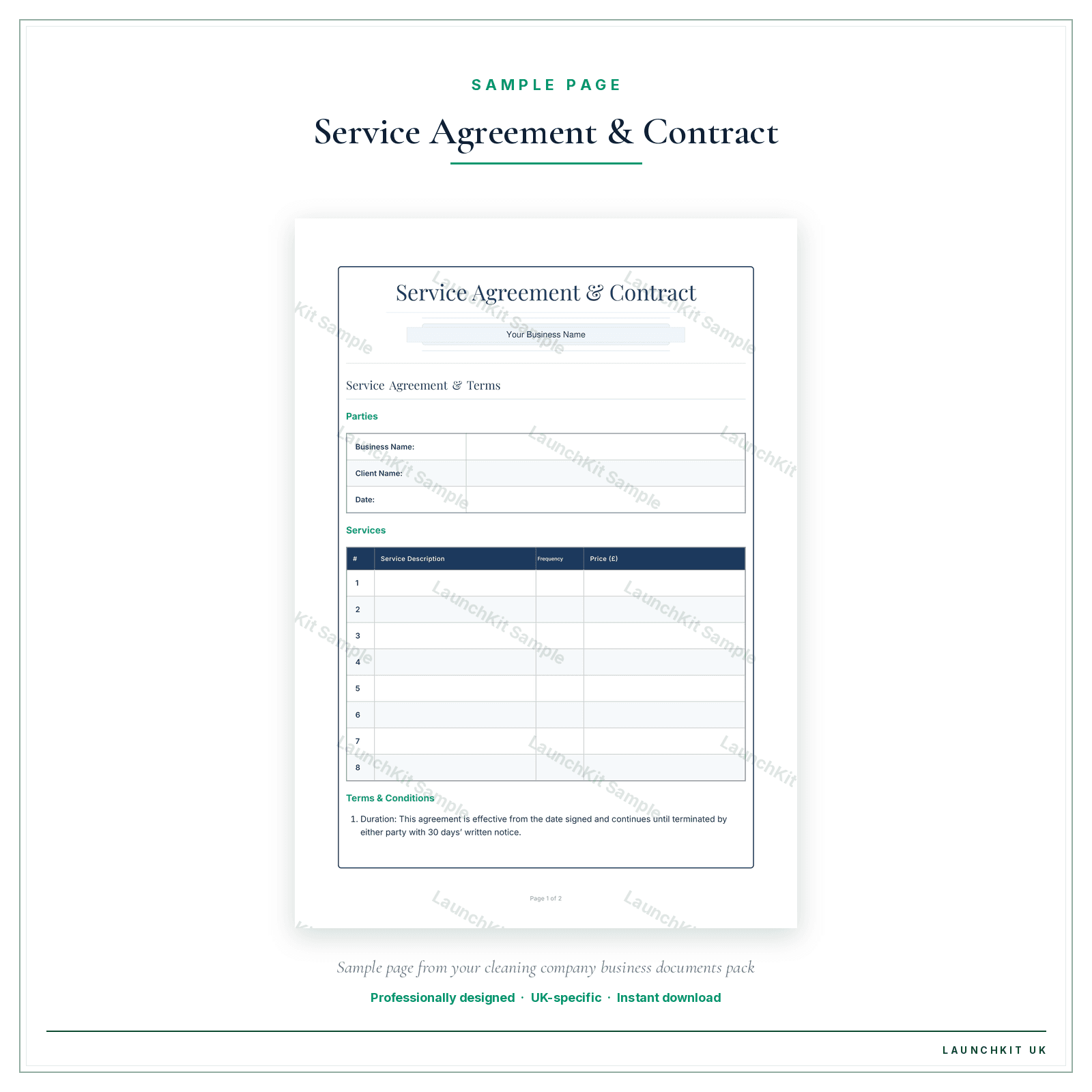 Service Agreement & Contract sample page from the Cleaning Company Business Documents — Standard pack — watermarked LaunchKit Sample