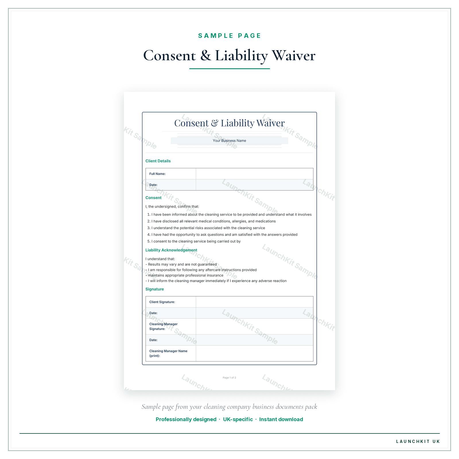 Consent & Liability Waiver sample page from the Cleaning Company Business Documents — Standard pack — watermarked LaunchKit Sample