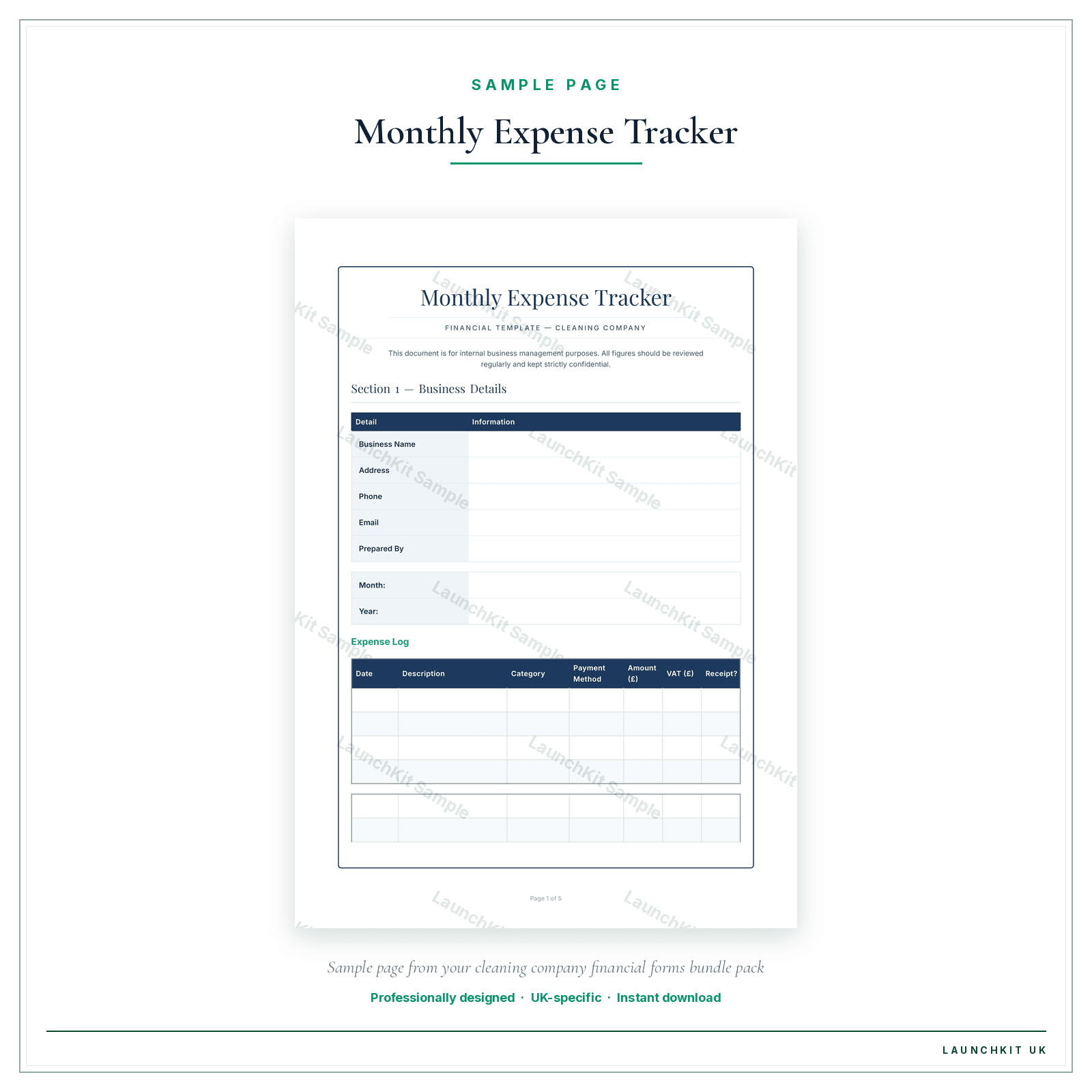Monthly Expense Tracker sample page from the Cleaning Company Financial Forms Bundle — Premium pack — watermarked LaunchKit Sample