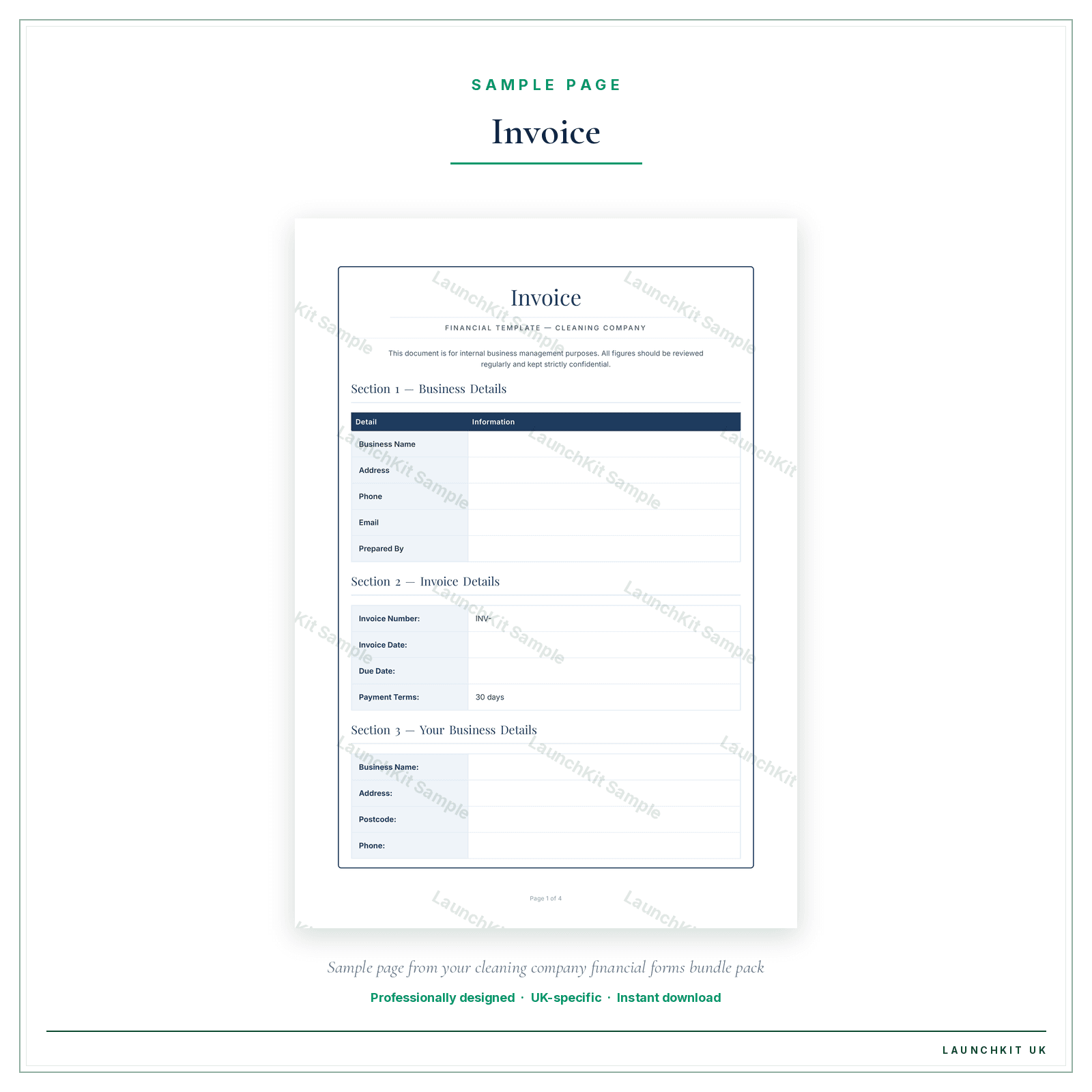 Invoice sample page from the Cleaning Company Financial Forms Bundle — Premium pack — watermarked LaunchKit Sample