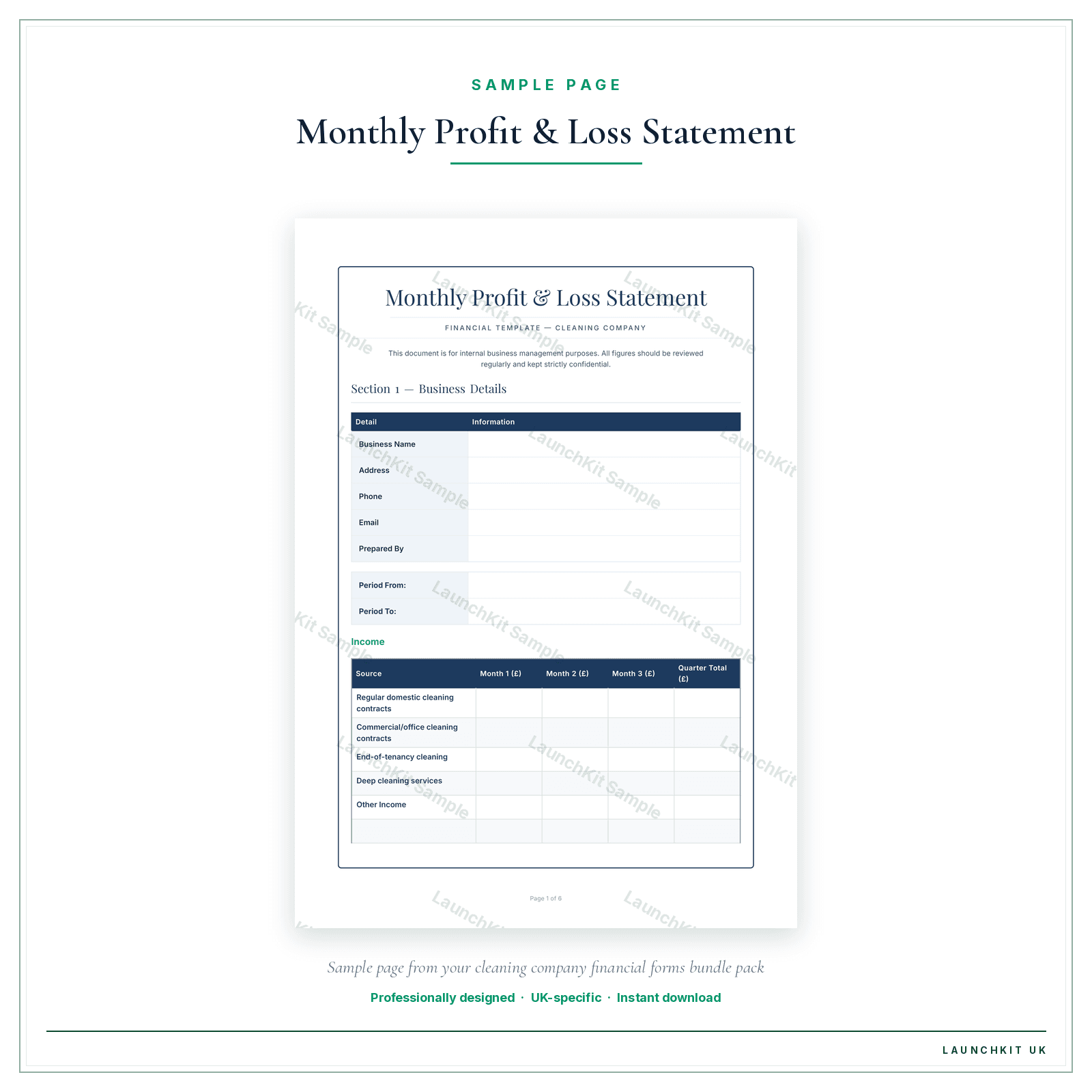 Monthly Profit & Loss Statement sample page from the Cleaning Company Financial Forms Bundle — Premium pack — watermarked LaunchKit Sample