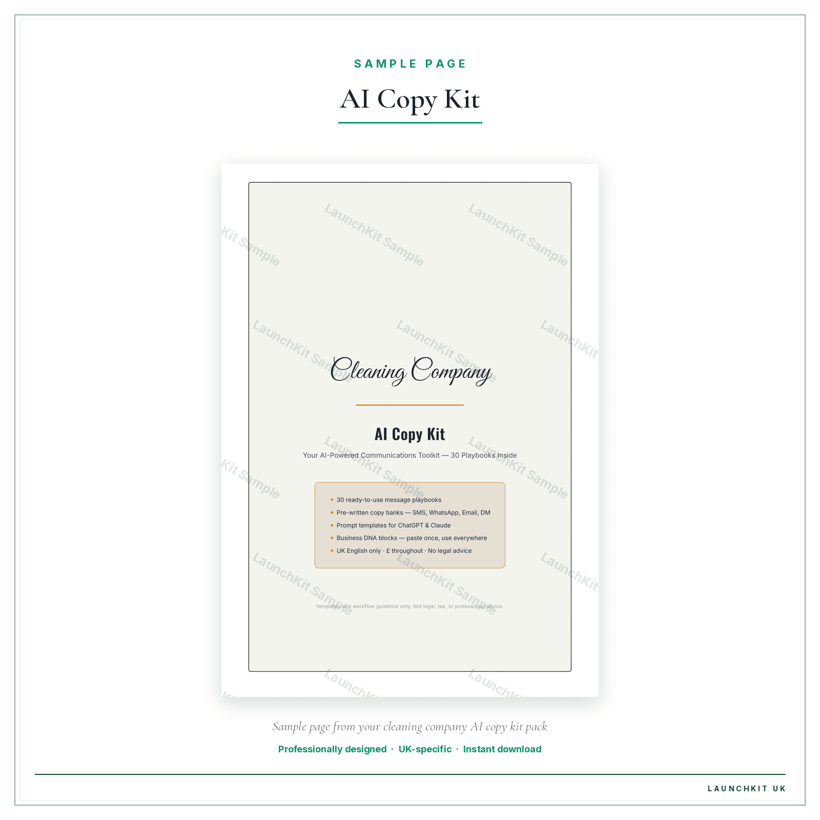 AI Copy Kit sample page from the Cleaning Company AI Copy Kit pack — watermarked LaunchKit Sample