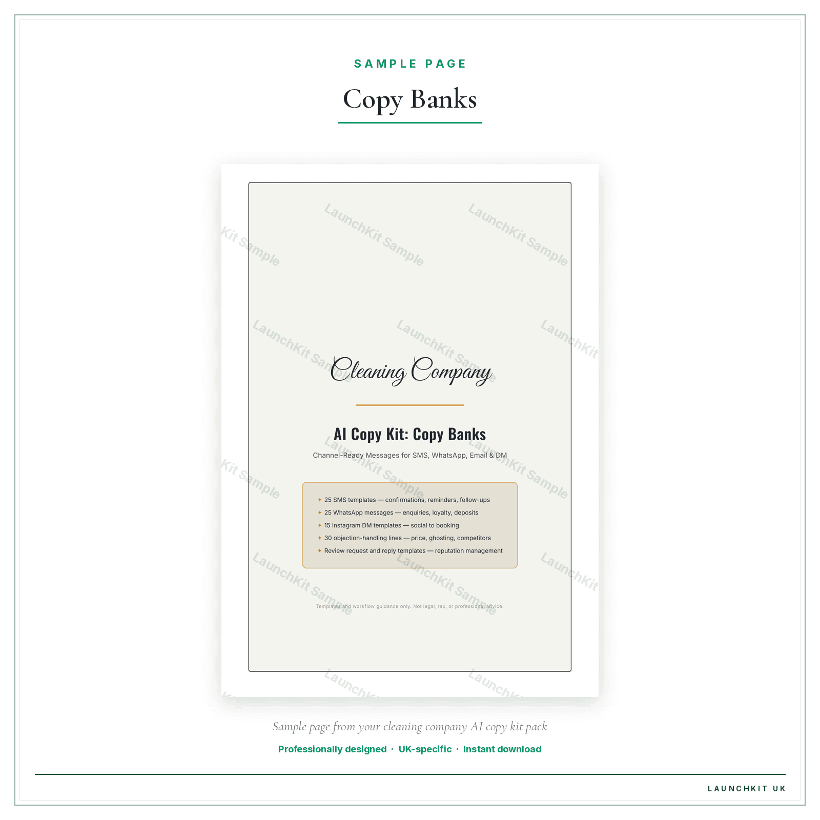 Copy Banks sample page from the Cleaning Company AI Copy Kit pack — watermarked LaunchKit Sample
