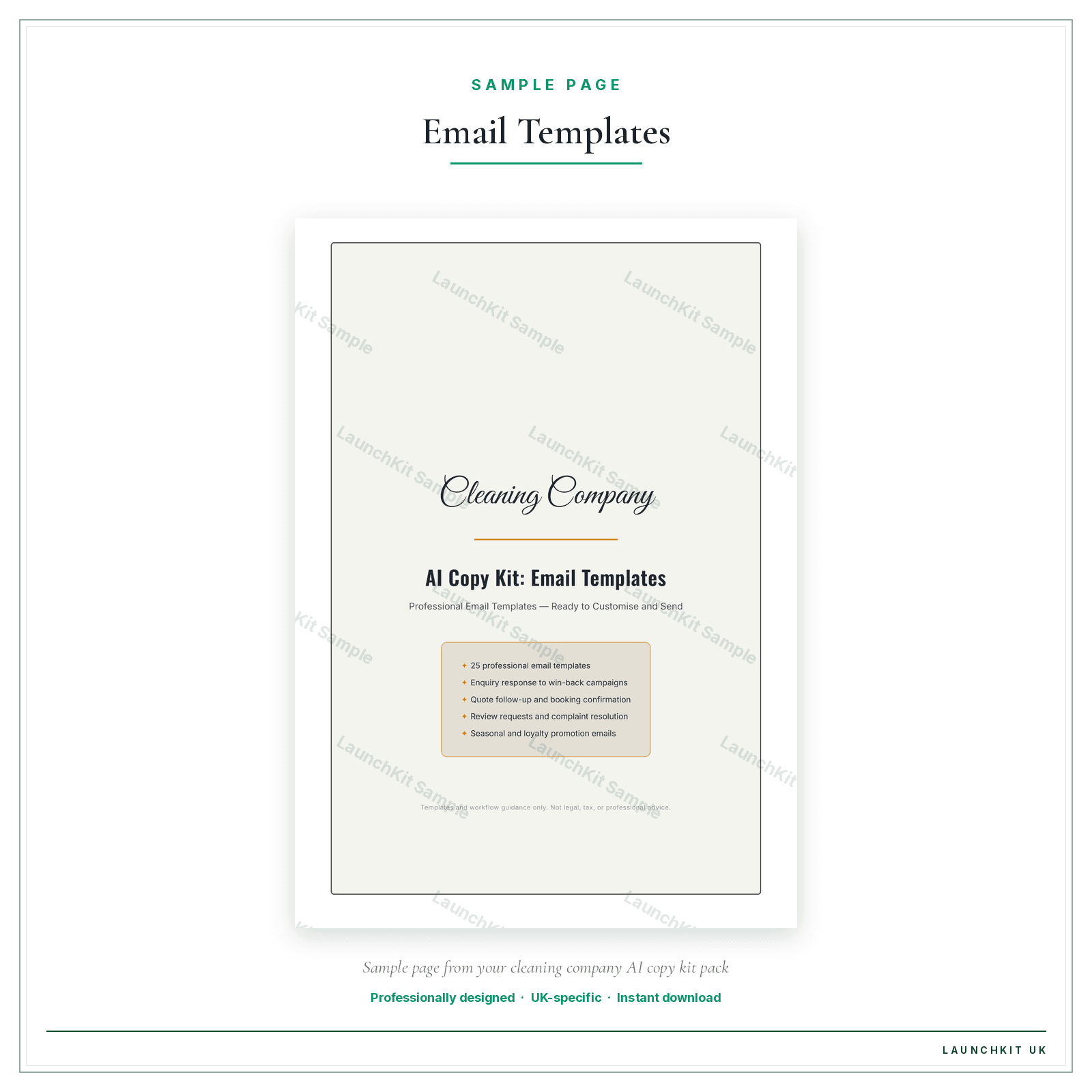 Email Templates sample page from the Cleaning Company AI Copy Kit pack — watermarked LaunchKit Sample