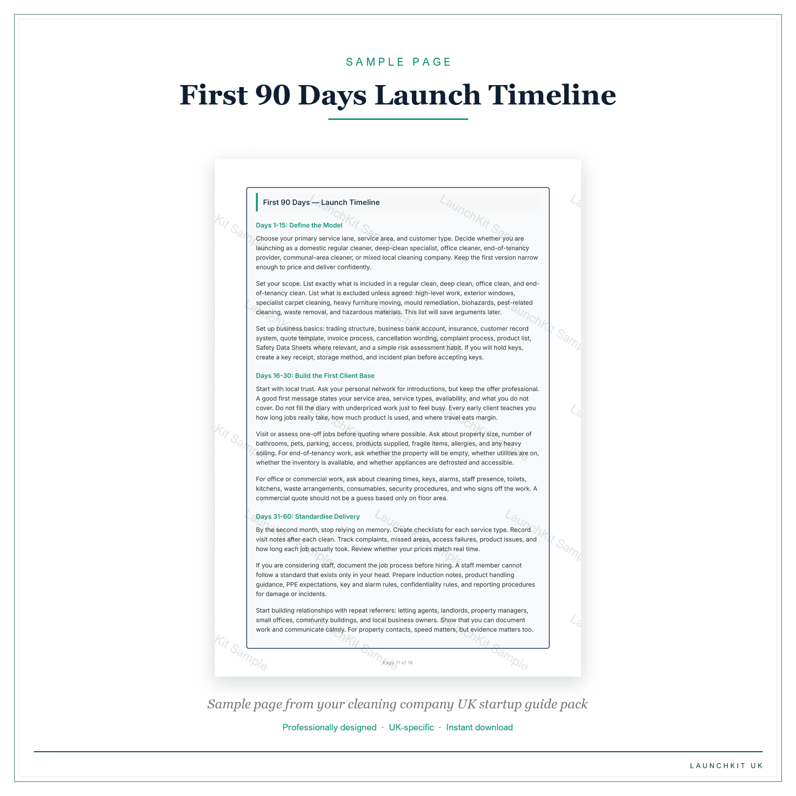 First 90 Days Launch Timeline sample page from the Cleaning Company Startup Guide pack — watermarked LaunchKit Sample