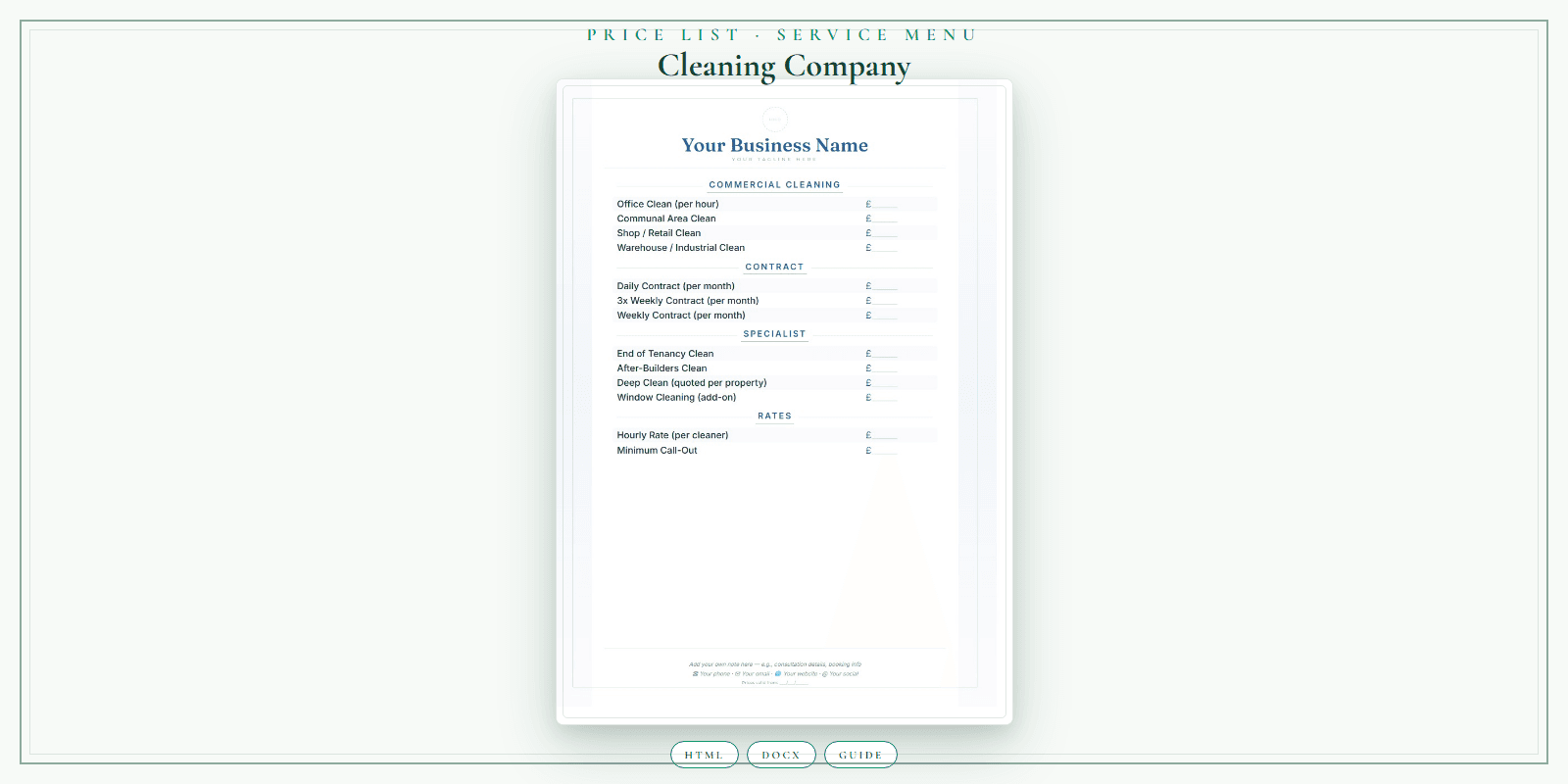 Cleaning Company — Price List & Service Menu, PDF product overview