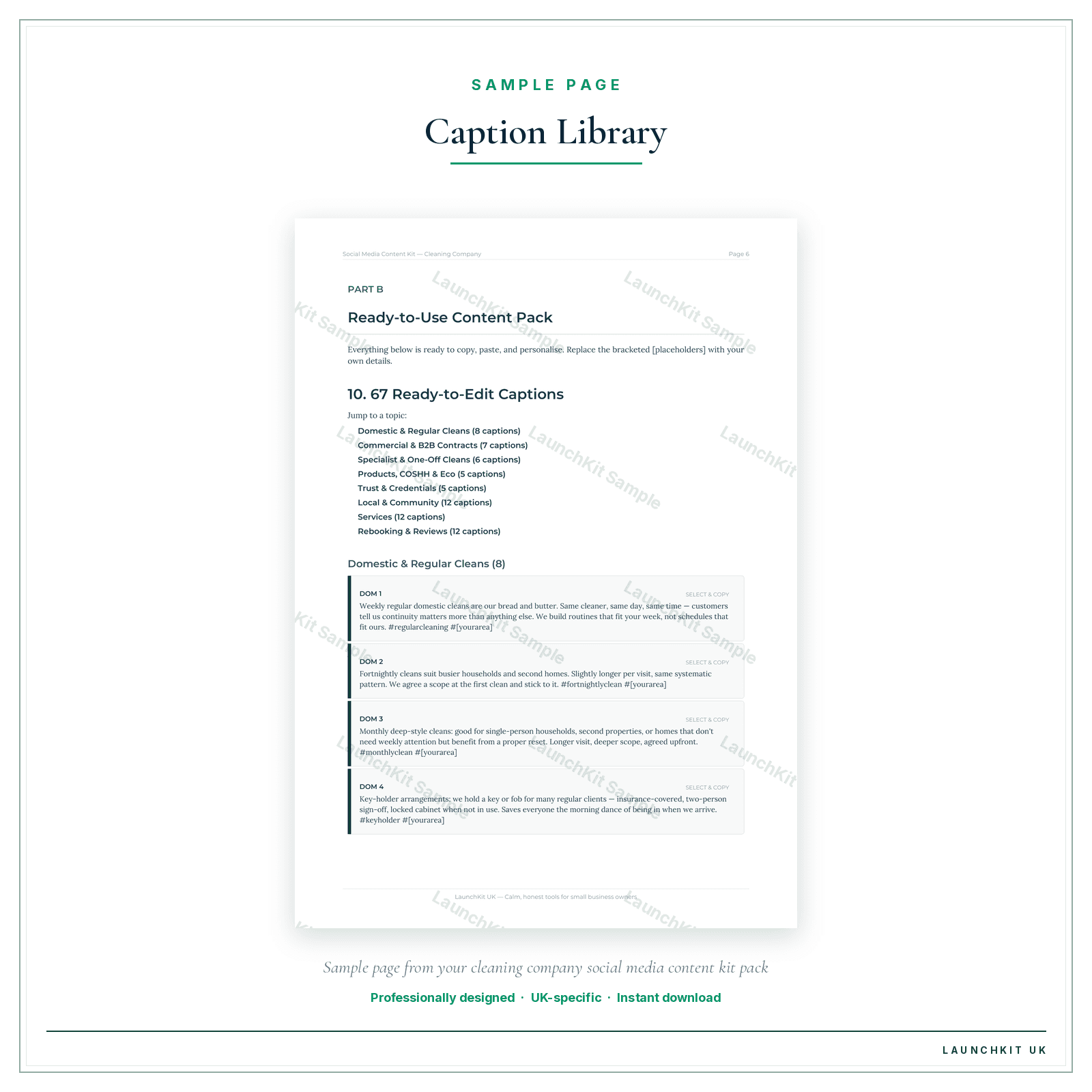 Caption Library sample page from the Cleaning Company Social Media Content Kit pack — watermarked LaunchKit Sample