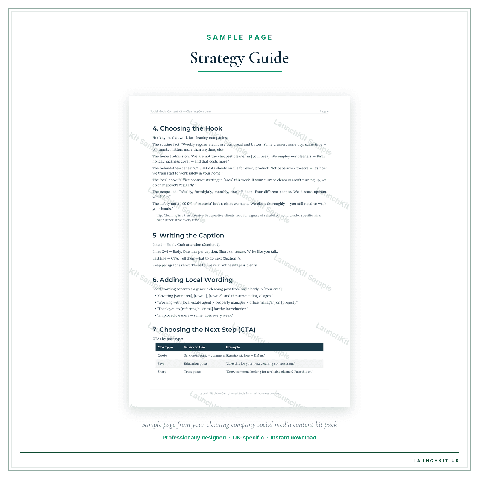 Strategy Guide sample page from the Cleaning Company Social Media Content Kit pack — watermarked LaunchKit Sample